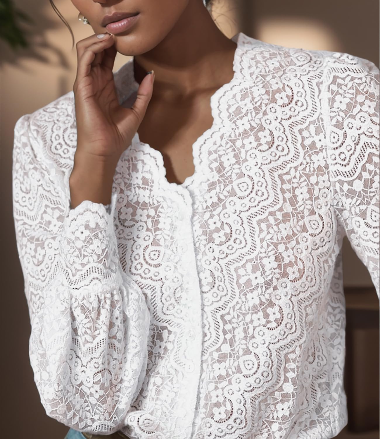 Lace Tops Blouses Puff Long Sleeve V Neck Button Down p