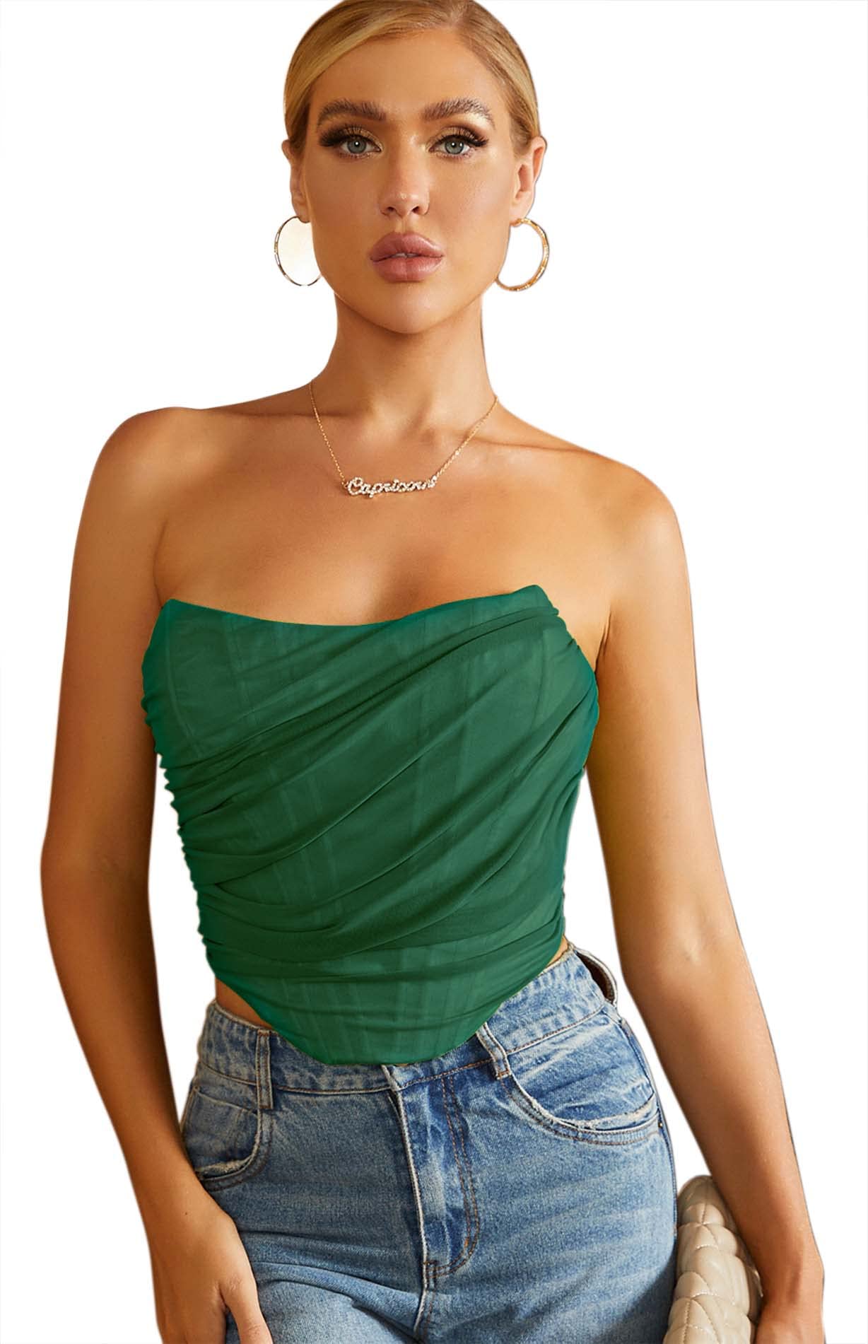 Mesh Corset Crop Top Bustier Underbust Boned Backless Sleeveless Strapless Off Shoulder