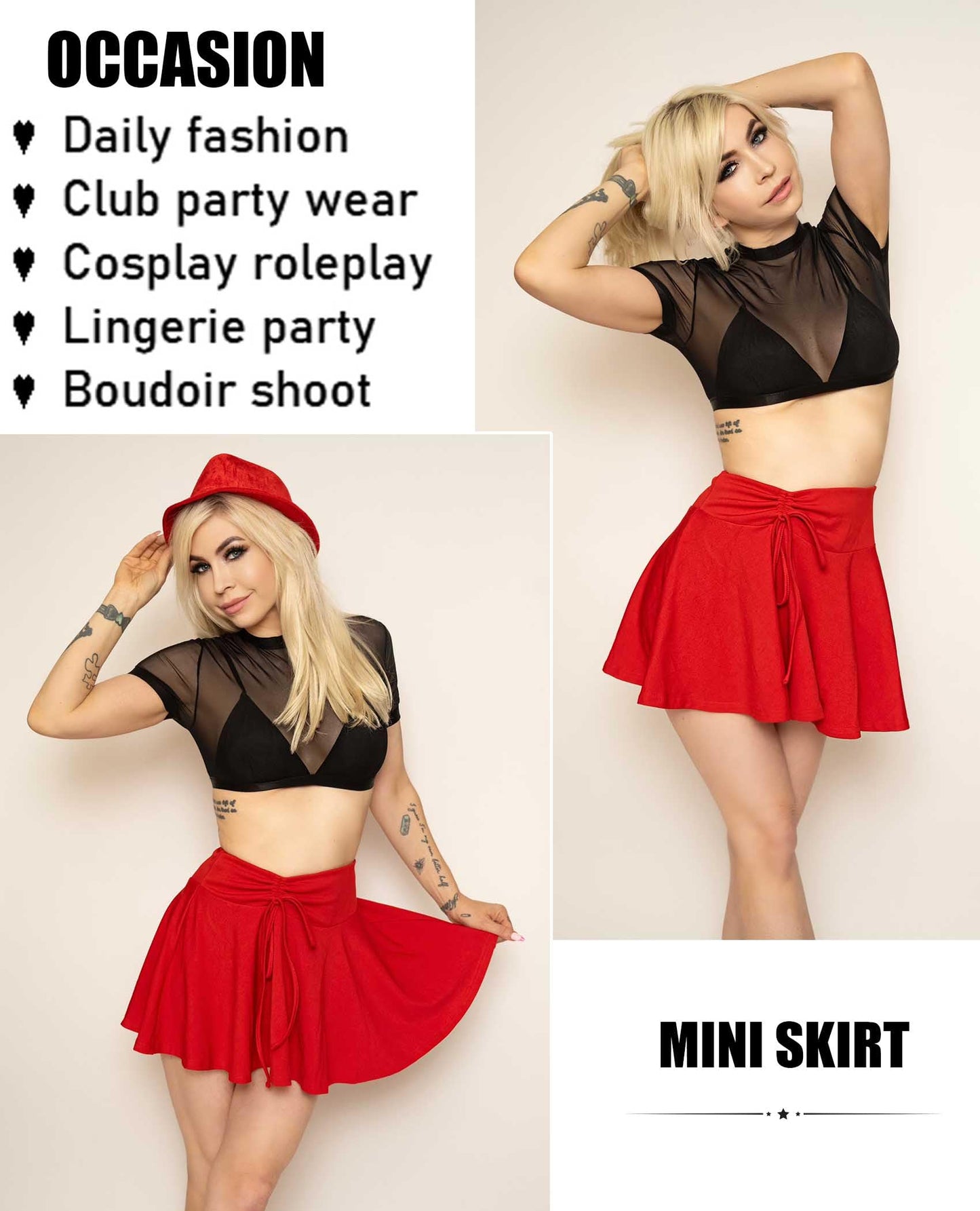 Sexy Mini Skirt Pleated Drawstring High Waist Skater Skirt