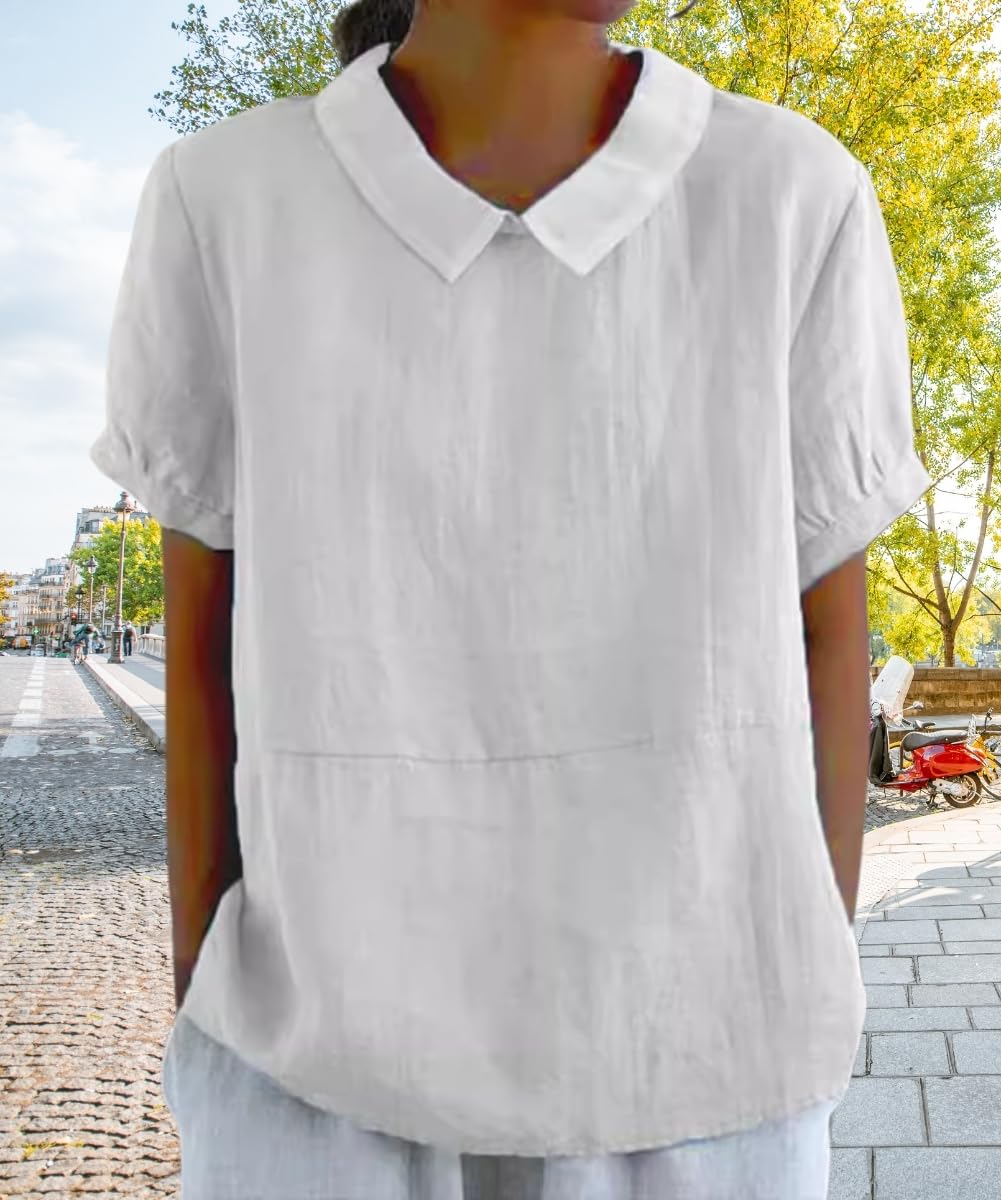 Cotton Linen Shirts Short Sleeve Casual Collared Work Blouse Tunic Tos