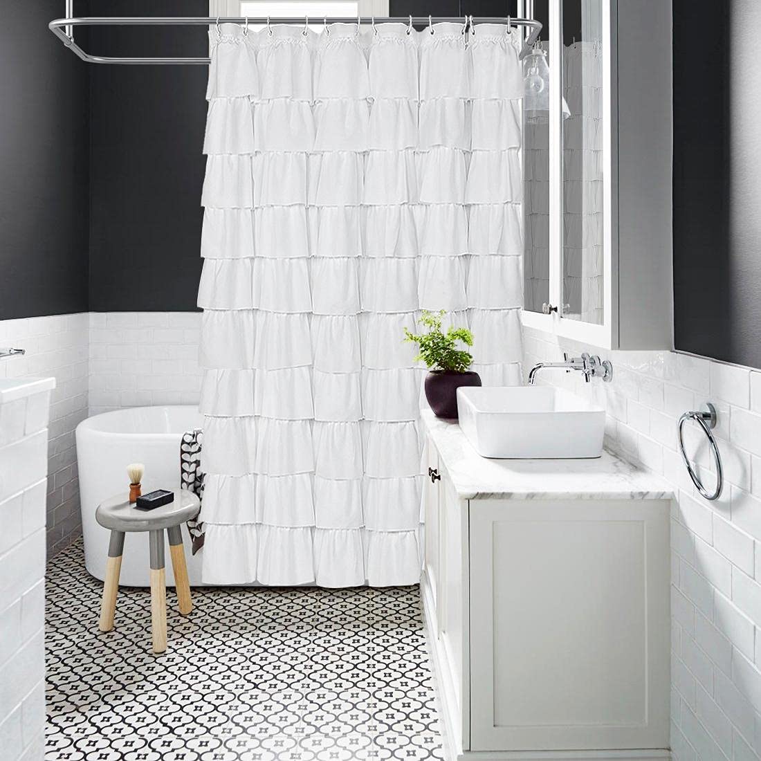 Ruffle Shower Curtain Farmhouse Rustic Fabric Cloth Shower Curtains for Bathroom, 72" x 72"