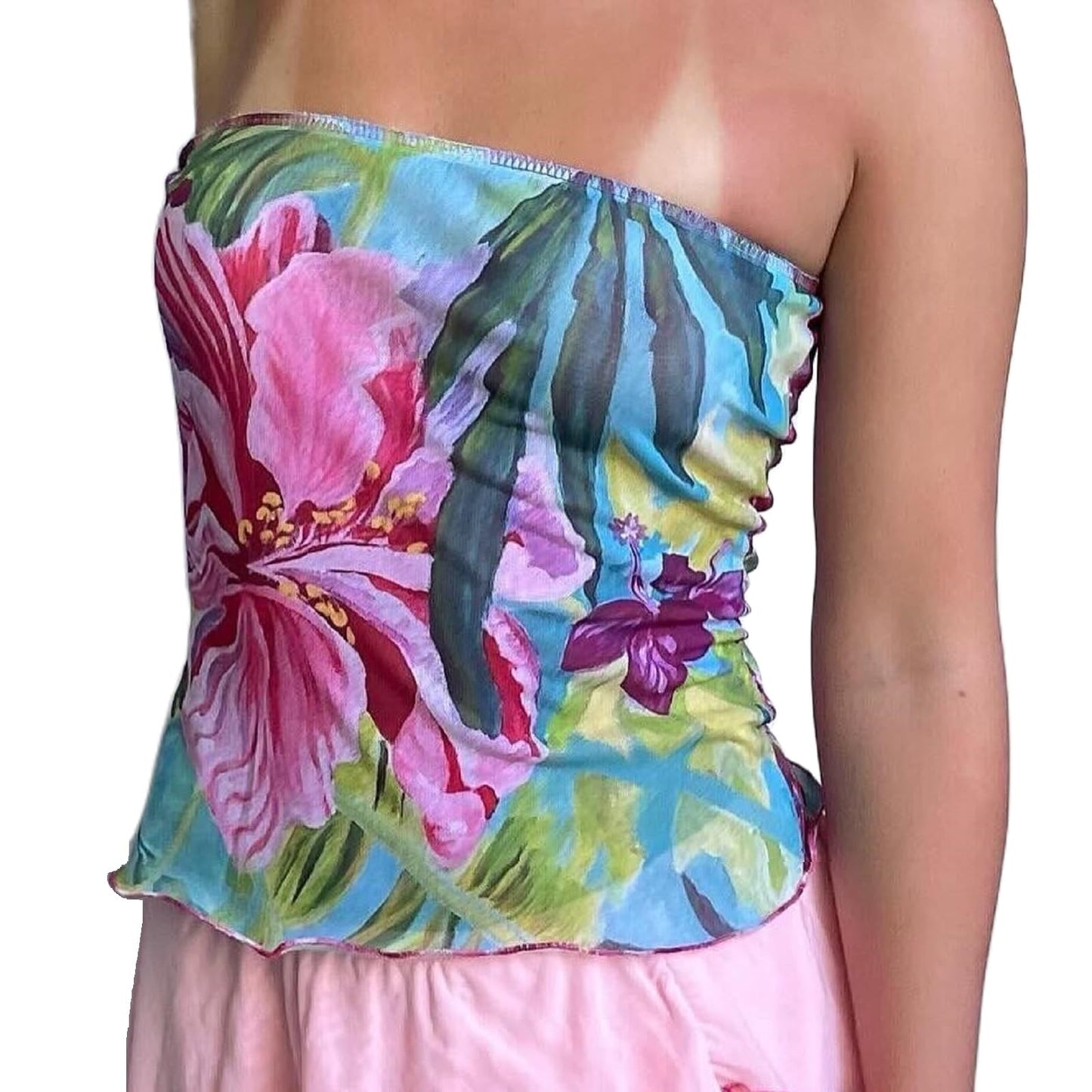 Women Y2k Floral Tube Tops Flower Print Strapless Sleeveless Bandeau Tops