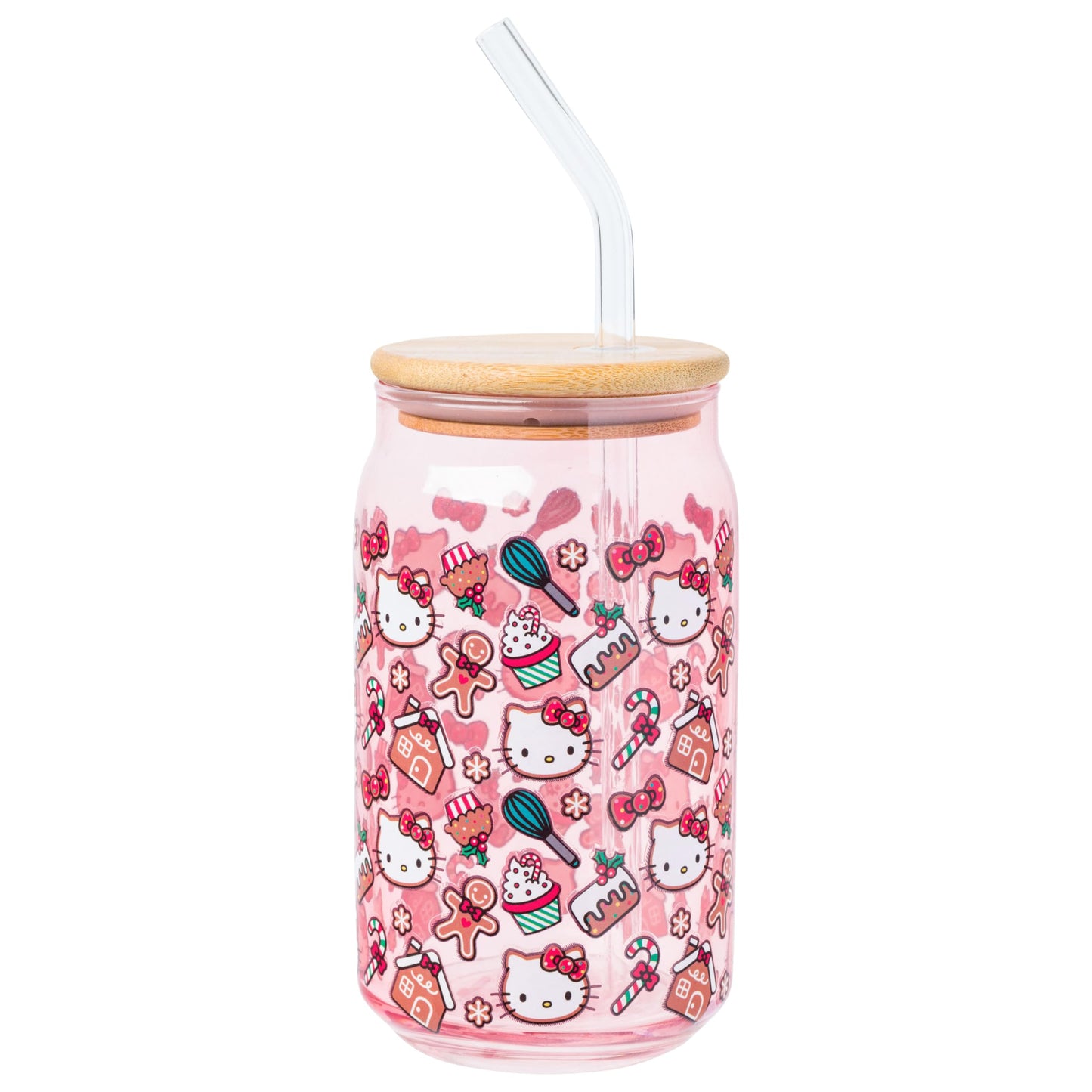 Sanrio Glass Jar Tumbler with Bamboo Lid and Glass Straw, 16 Ounces