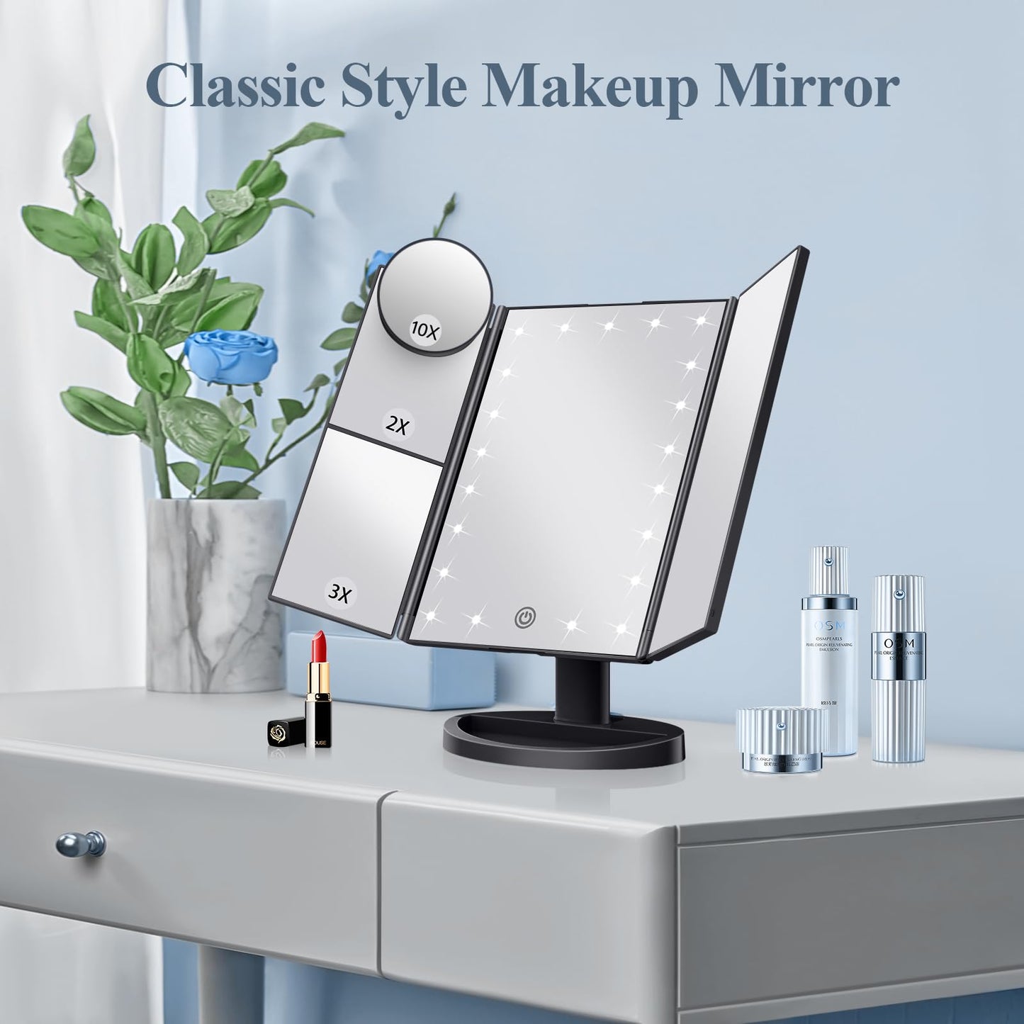 Makeup Mirror Vanity with Lights, 2X 3X 10X Magnification, Lighted Mirror, Touch Control, Trifold Dual Power Supply, Portable LED