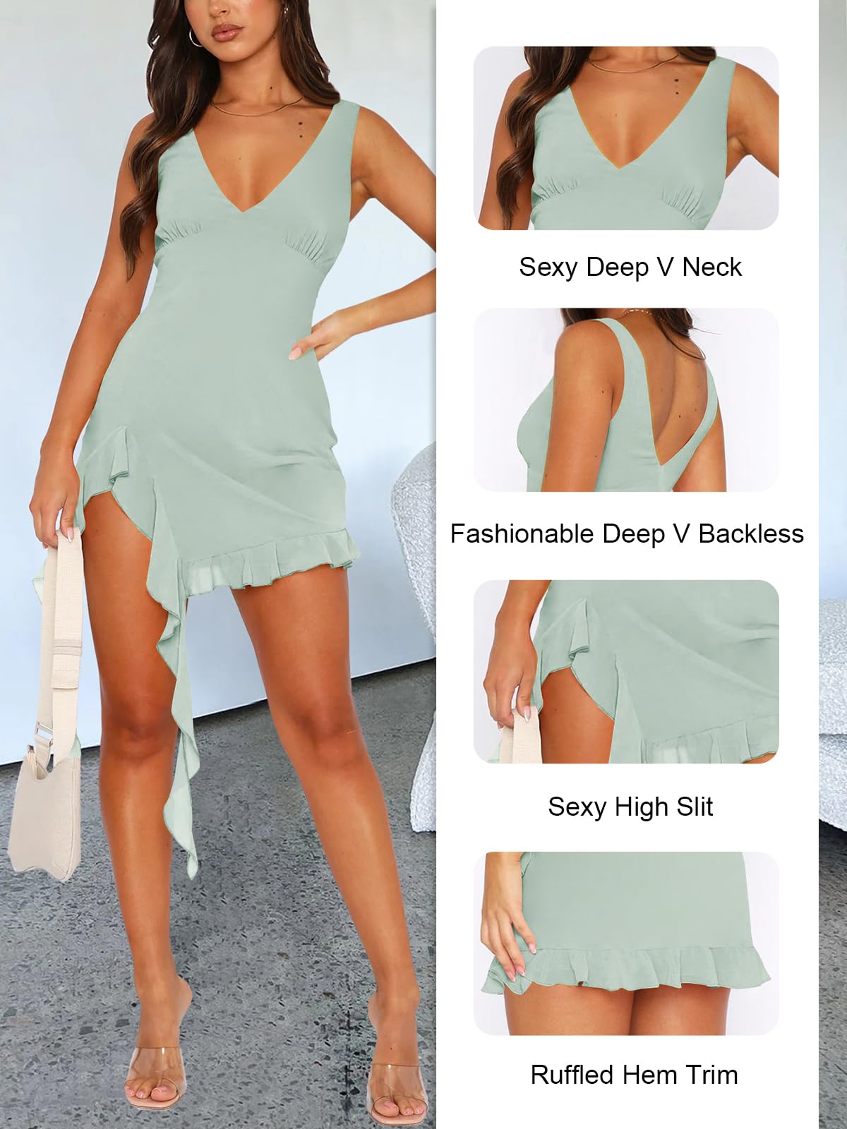 Women Sleeveless Sexy V Neck Bodycon Mini Dress Summer Side Slit Mesh Irregular Ruffle Hem Backless Short Dress