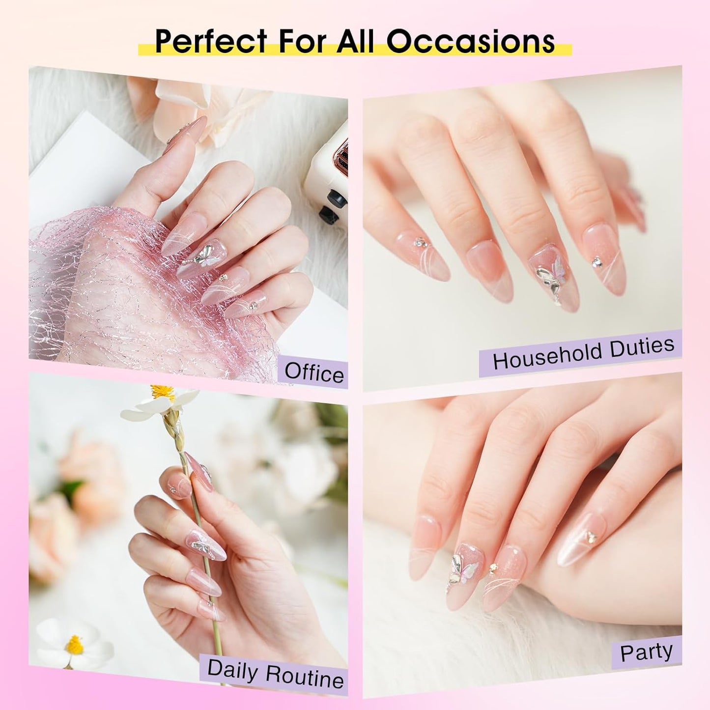 Press on Nails Medium Almond Pink Fake Nails Press ons with Butterfly Rhinestone Designs