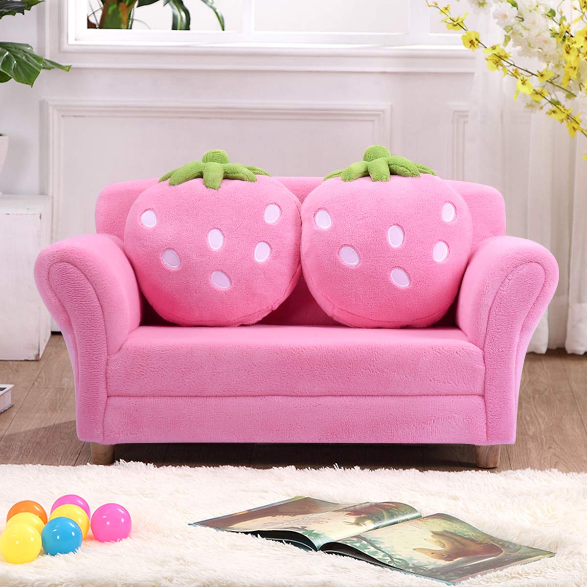 Pink Double Seat Children's Sofa with Strawberry Pillows, Soft Toddler Armchair for Bedroom & Living Room