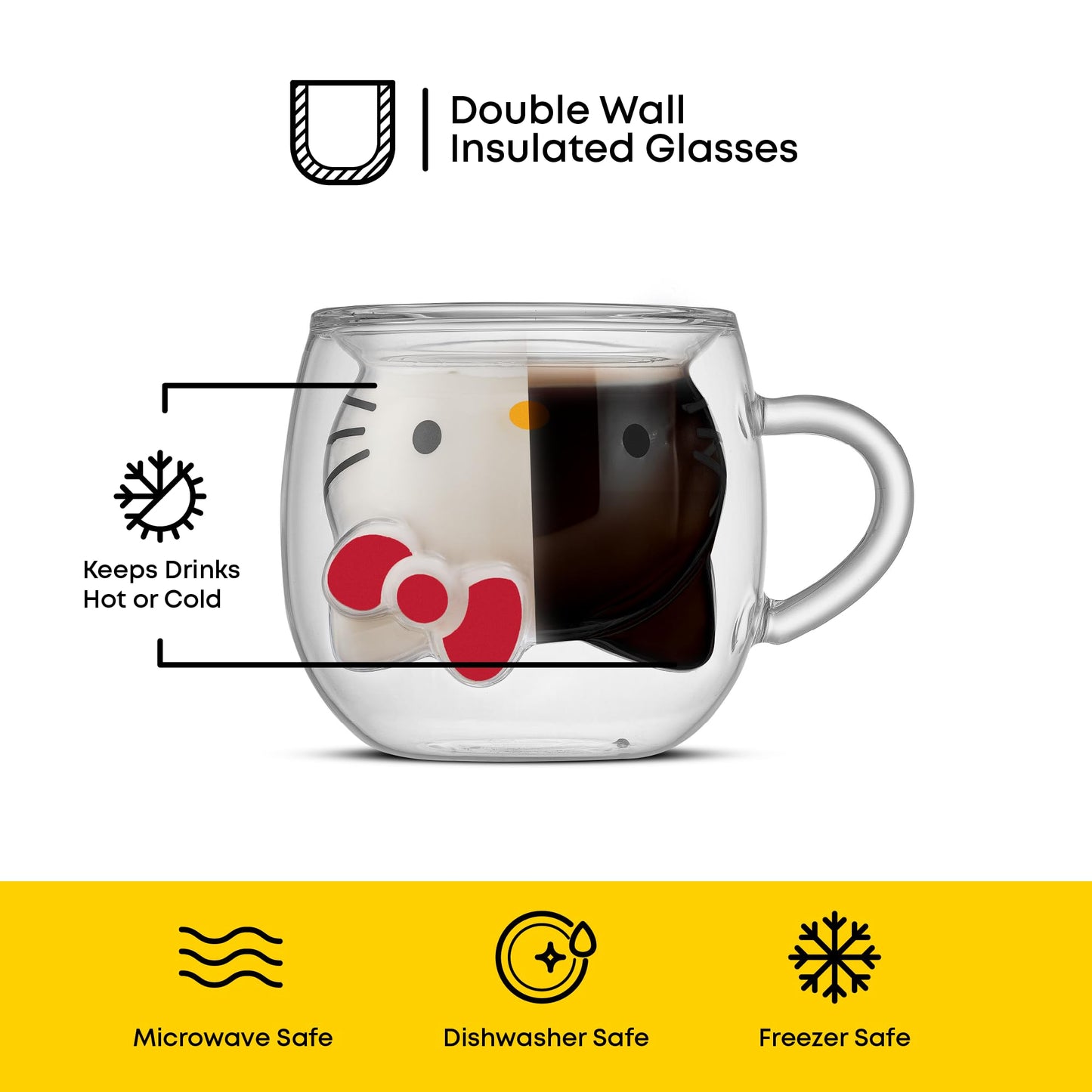 Hello Kitty 3D Espresso Cup, 5.5 oz Double Wall Glass Cup with 3D Design