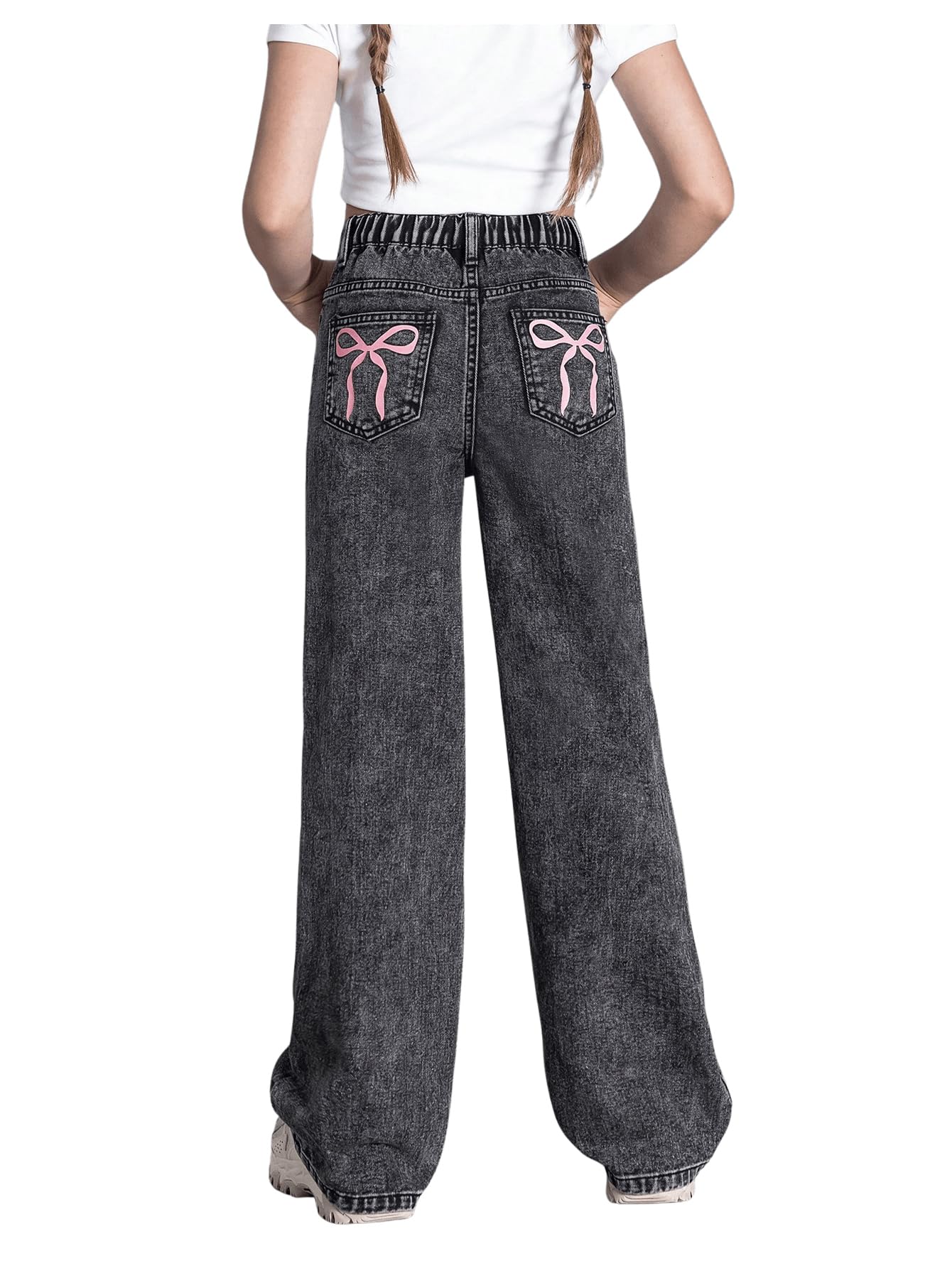 Girl's Bow Print Back Zipper Fly Elastic High Waist Denim Pants Basic Wide Leg Jeans