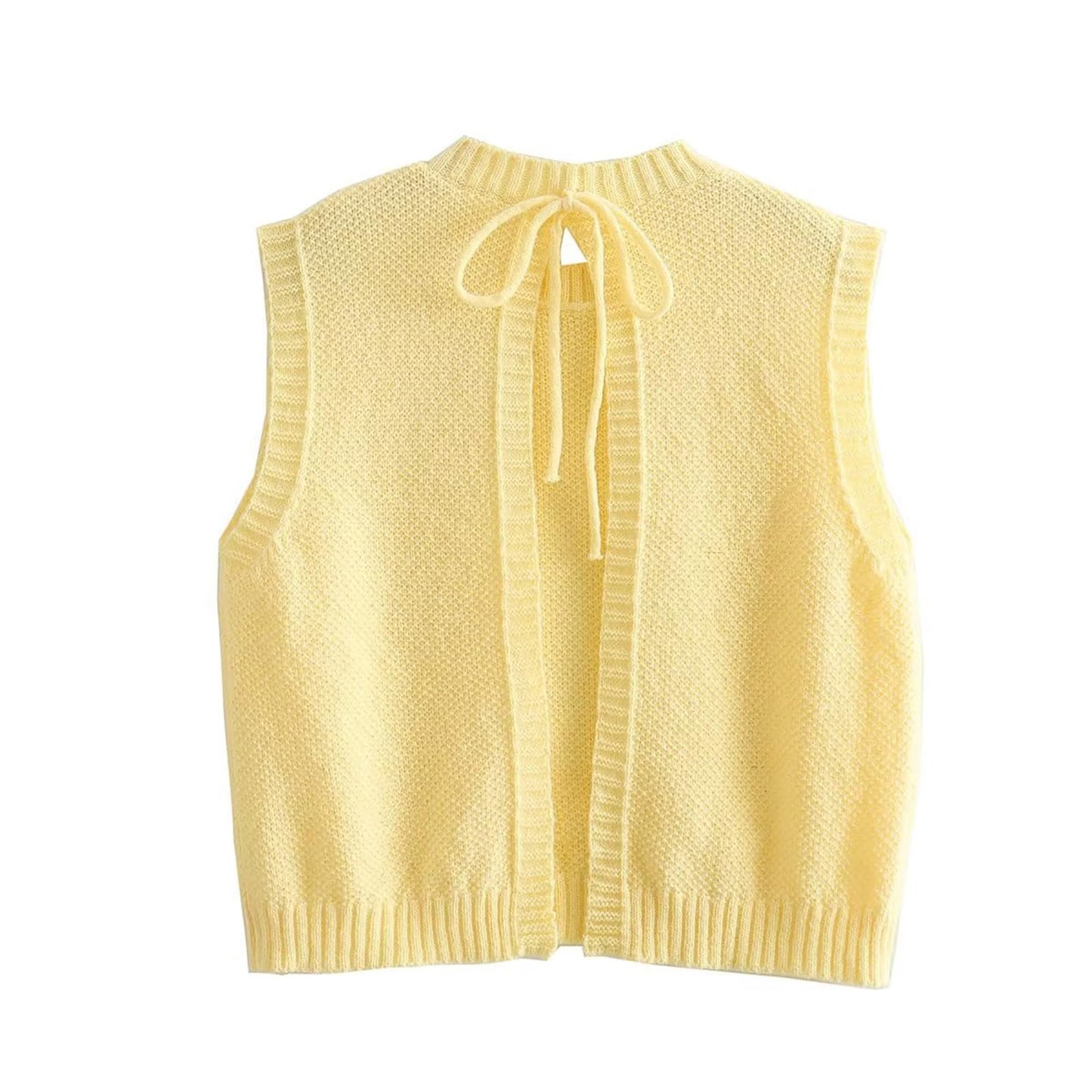 Y2K Backless Tie Up Knit Crop Sweater Vest Sleeveless Round Neck Split Open Back Pullover