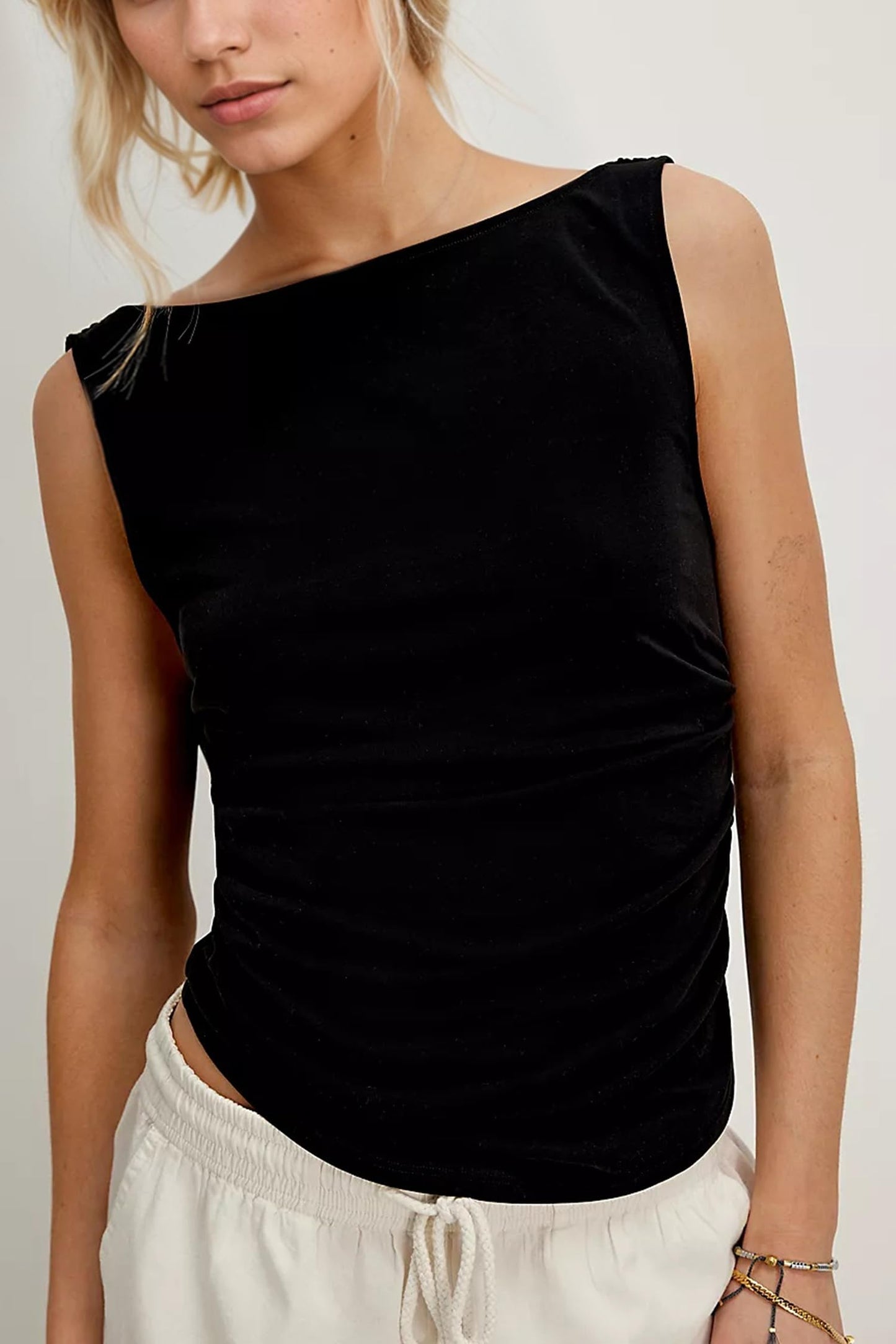 Sexy Backless Boat Neck Sleeveless Shirts Top Drawstring Ruched Fitted Y2k