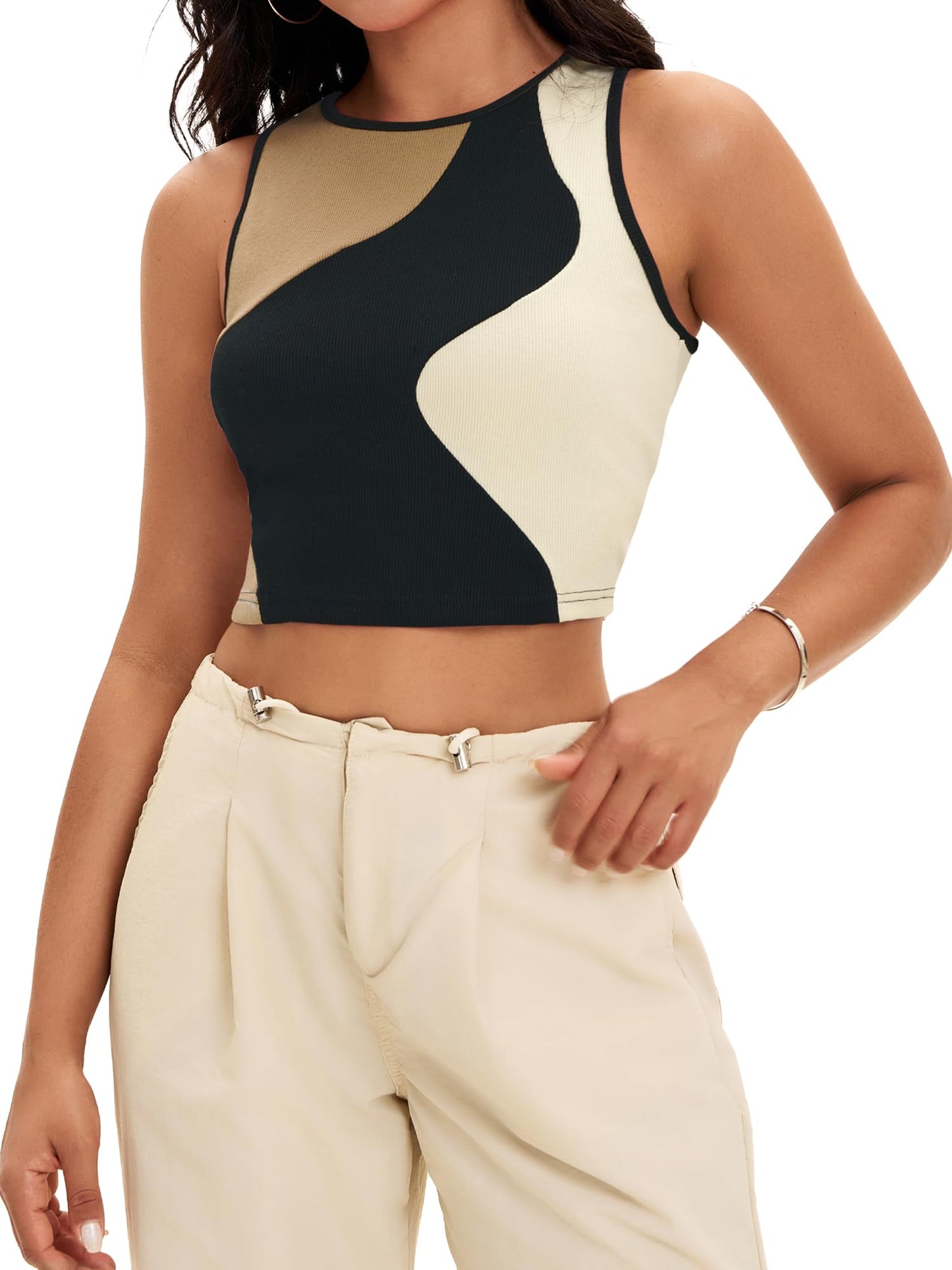 Crop Tank Tops mer Color Block Ribbed Tops