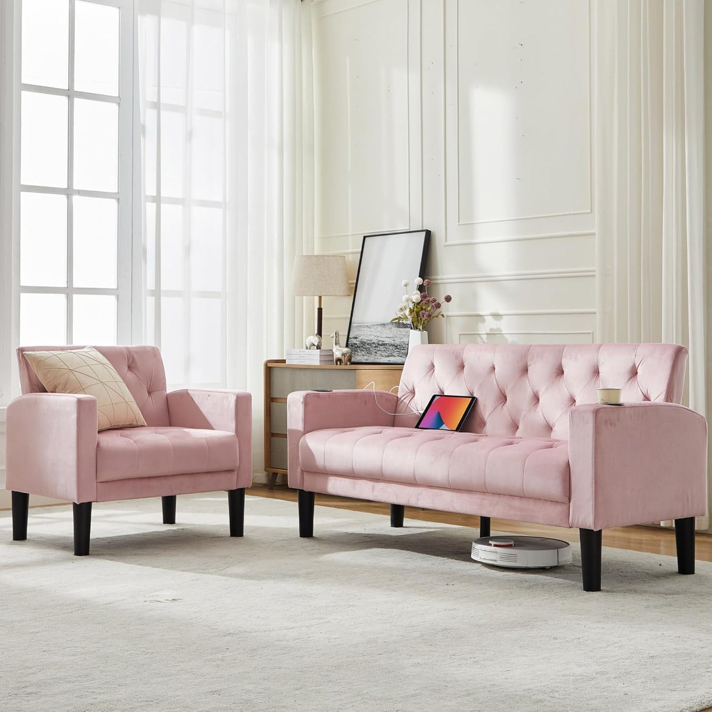 Loveseat Sofa w/ 2 USB Charger Ports and 2 Cupholders, Mid-Century Modern Tufted Pink Velvet