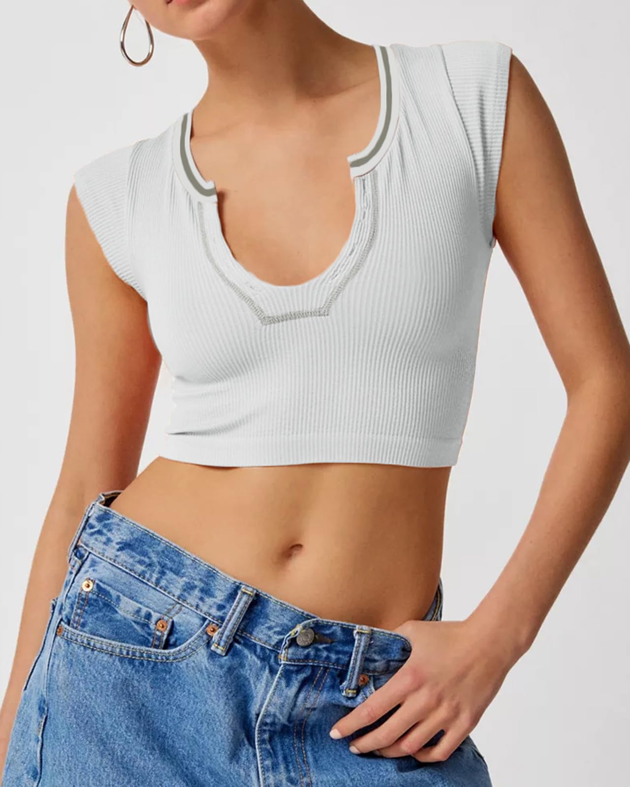 Crop Top Crew Neck T-Shirt Short Sleeve - Ribbed Knit Basic Crop Tank Top