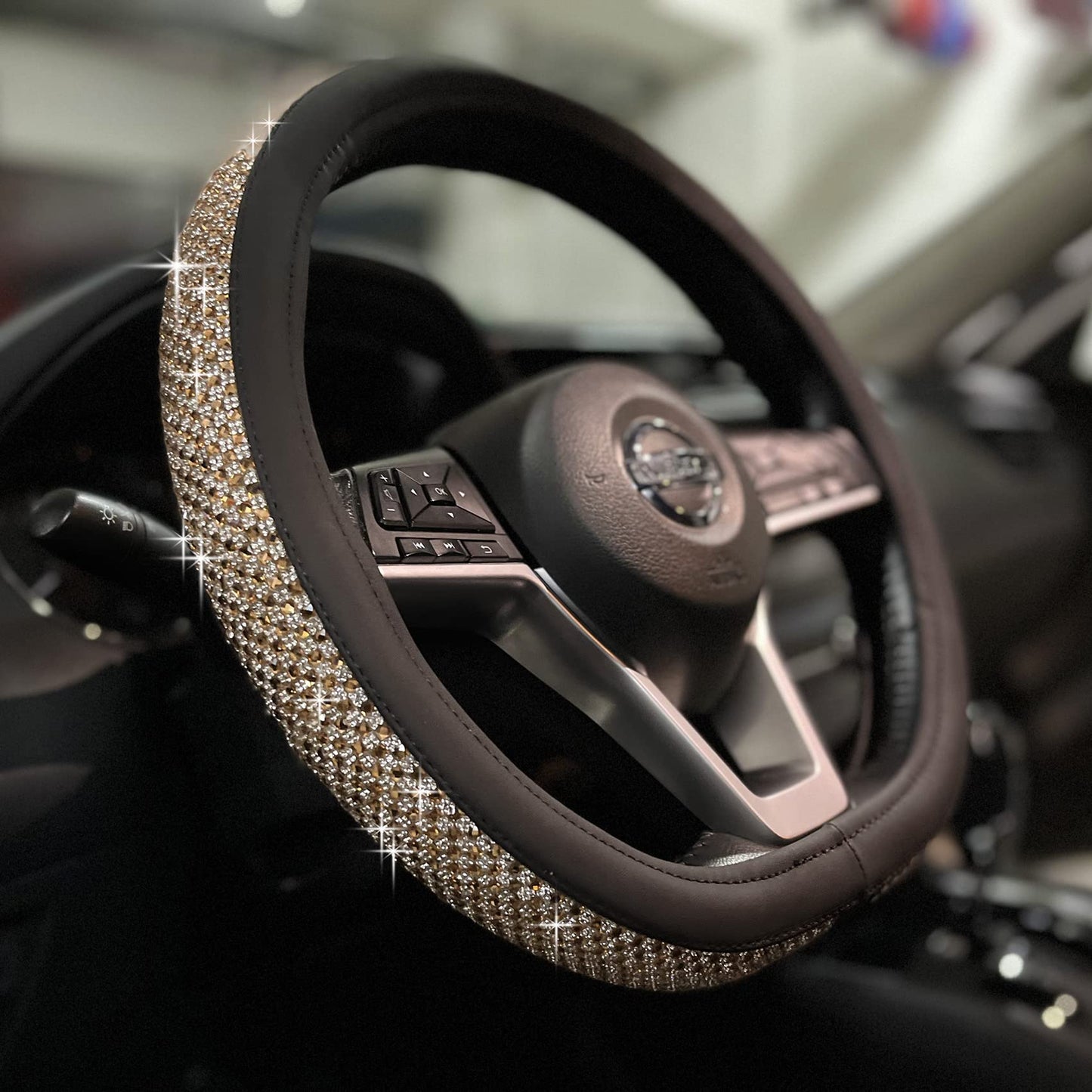 Universal Bling Bling Comfy Steering Wheel Cover with Jumbo Crystal Rhinestones, Anti-Slip Diamond Leather, 14.5-15 Inch