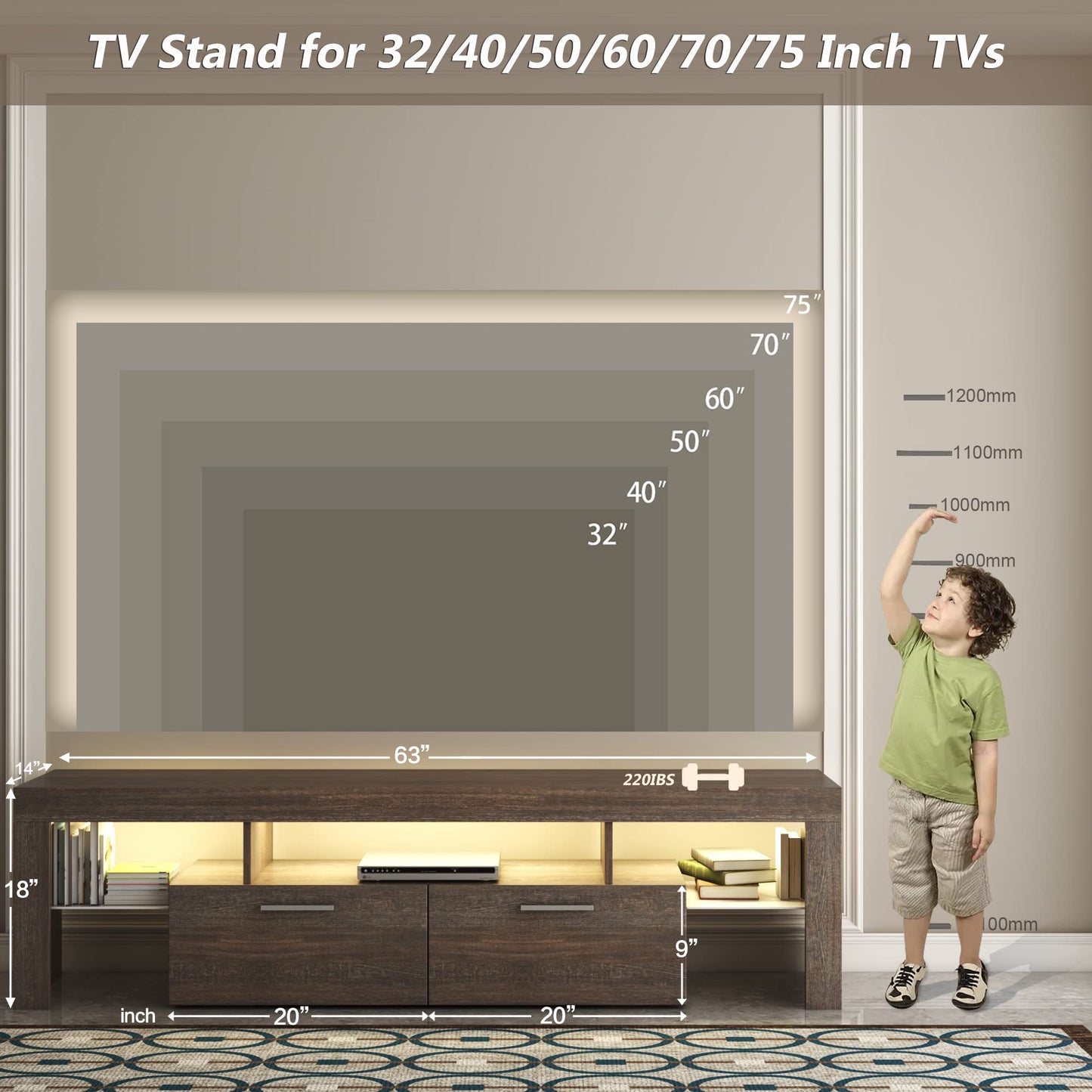 LED TV Stand with Large Storage Drawer -  Modern High Gloss TV Console Table with Entertainment Center