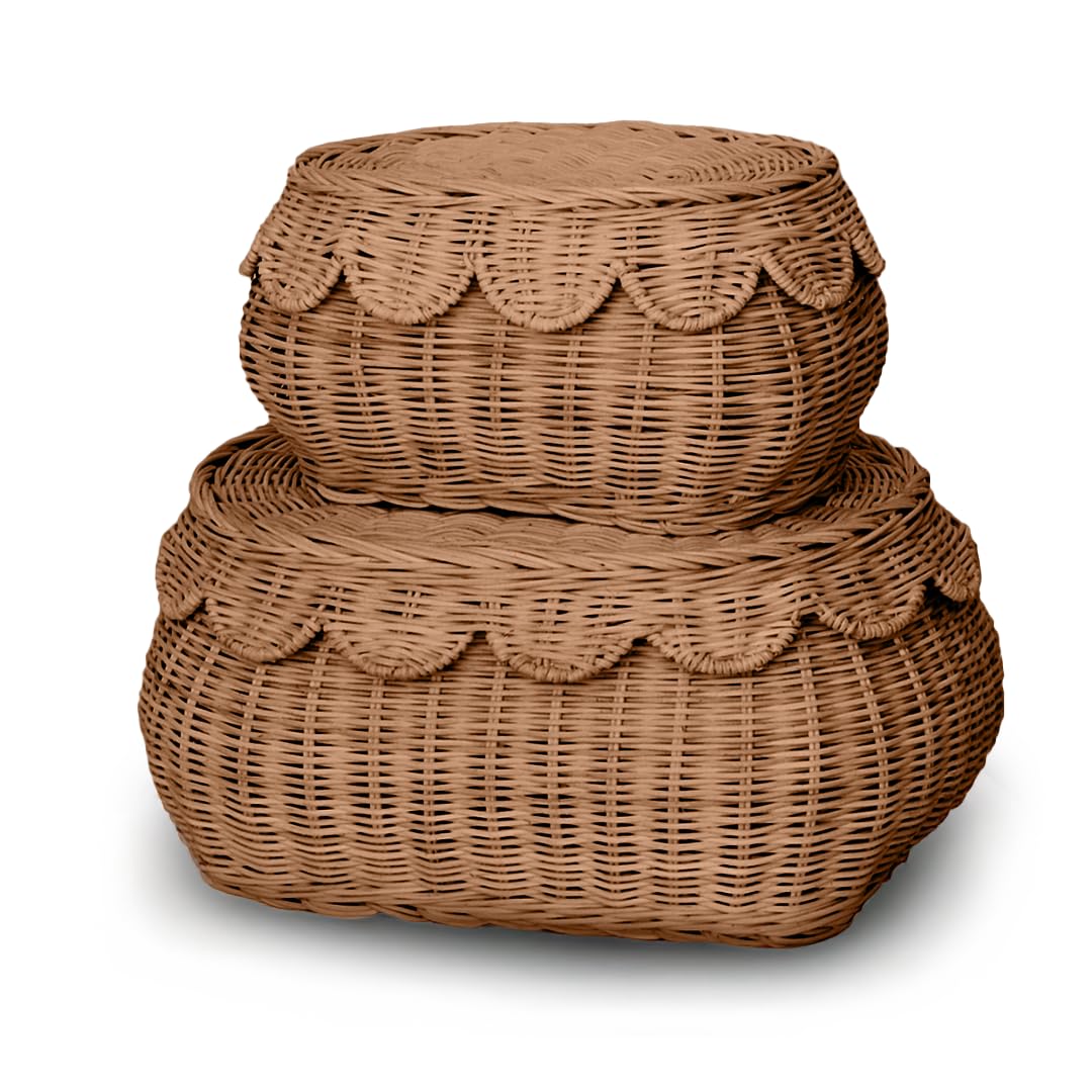 Scalloped Basket Set Of 2 – Small Scallop Basket - 15 x 10 x 6 In - Hand Woven