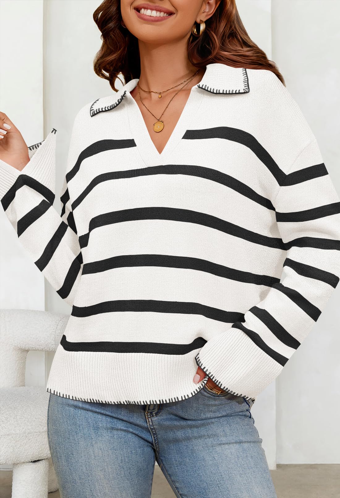 Women's Oversized Striped Sweater Collared V Neck Long Sleeve Knit Pullover