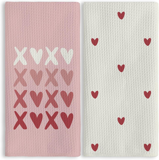 Pink XOXO Valentines Day Kitchen Hand Towels 16x24In Set of 2, Love Heart Dish Towels for Valentine's Day Decor