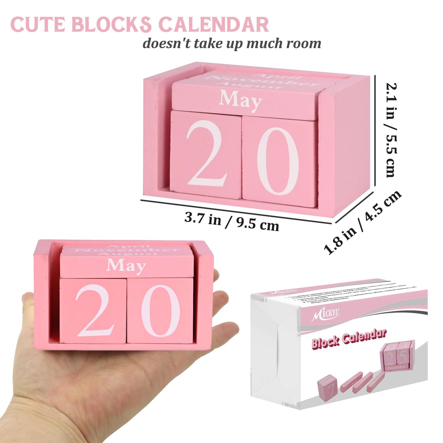 Pink Wooden Perpetual Block Calendar for Desk,