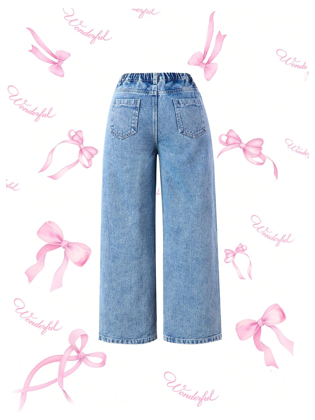 MakeMeChic Girl's Bow Knot Print Straight-Leg Loose-Fit Zip-Fly Cute Denim Jeans