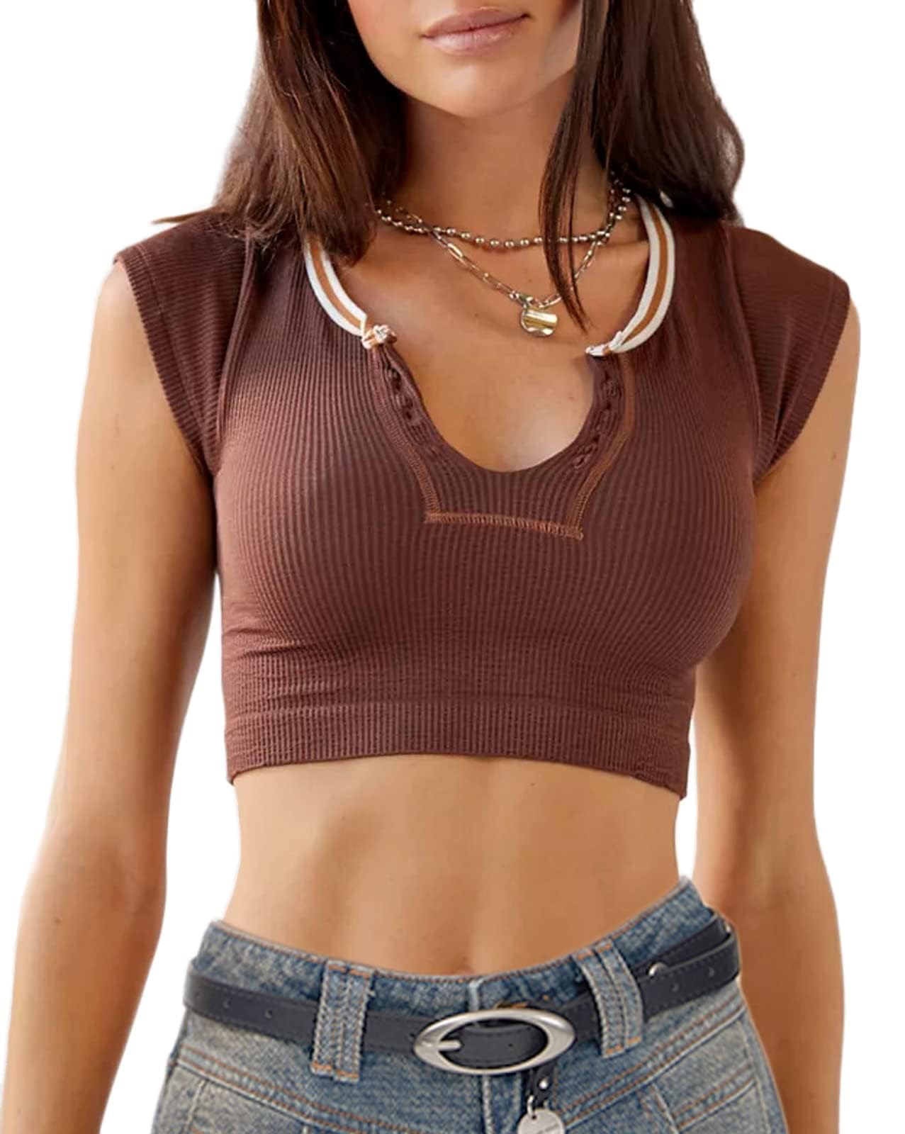 Crop Top Crew Neck T-Shirt Short Sleeve - Ribbed Knit Basic Crop Tank Top