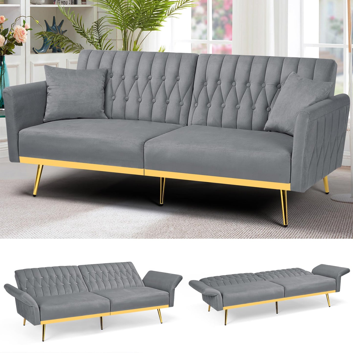 Velvet Futon Sofa Bed with 2 Pillows and Adjustable Armrests, 70”