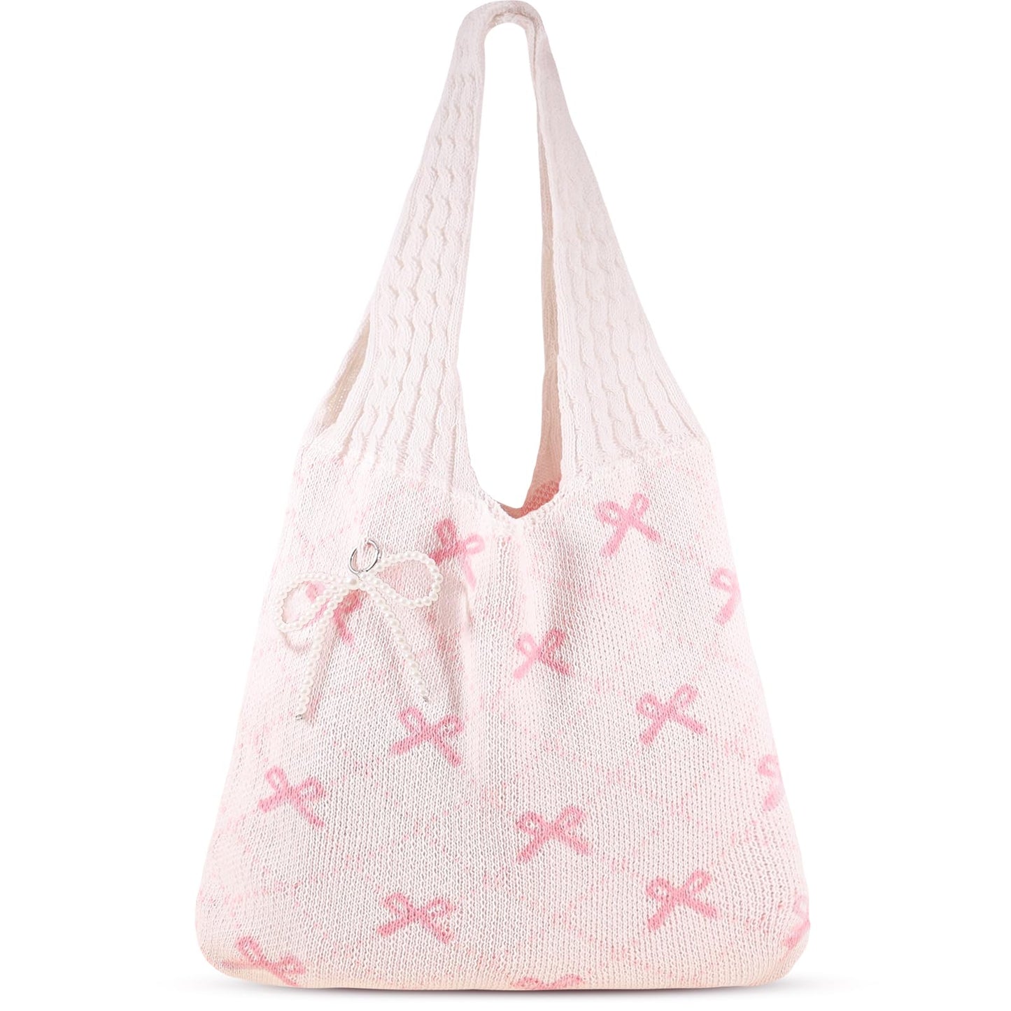 Coquette Crochet Pink Tote Bag with Bag Charms & Keychain – Aesthetic Shoulder Handbag