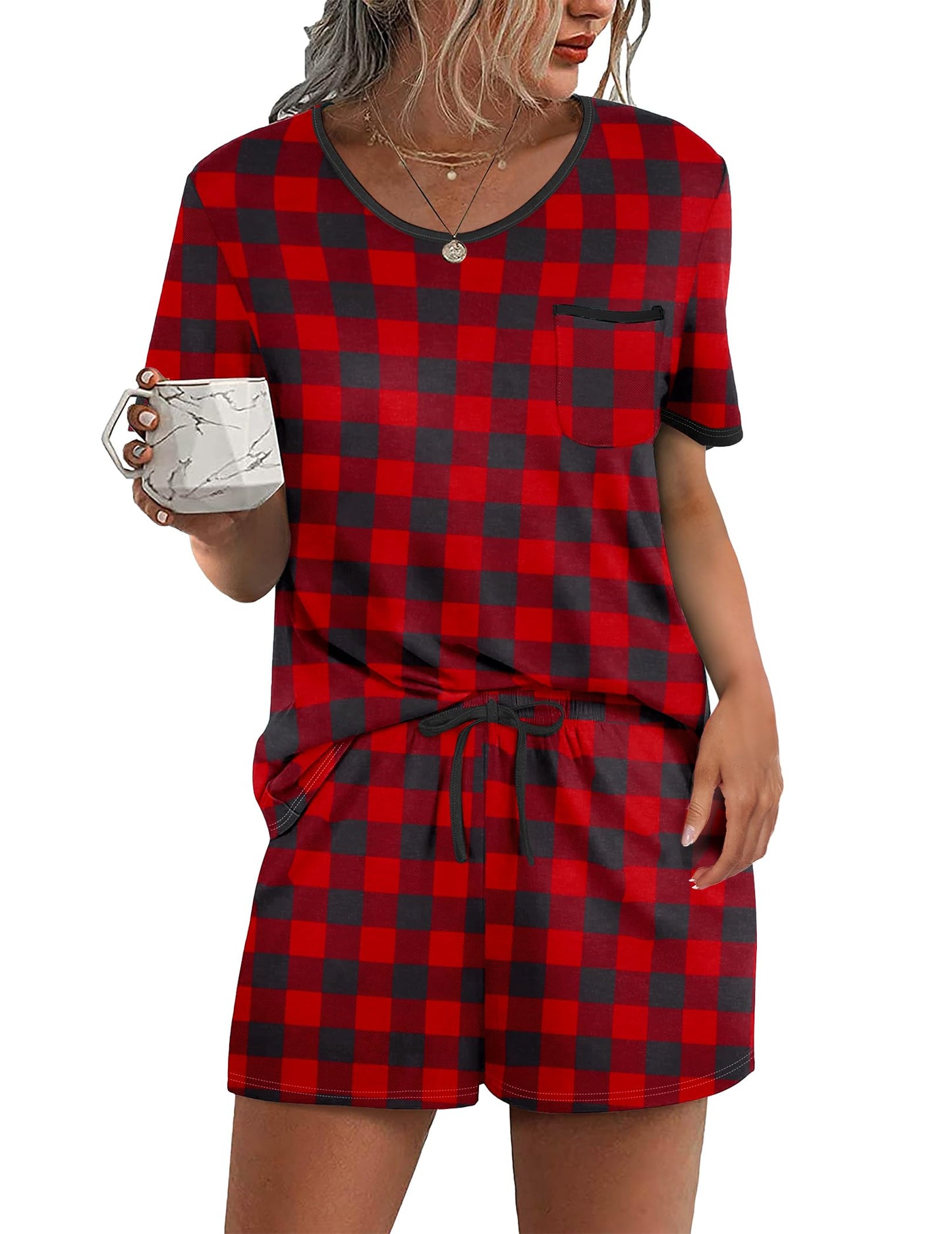 Pajama Set for 2 Piece Lounge Set Short Sleeve Tops and Shorts Soft Sleepwear, Chest Pocket