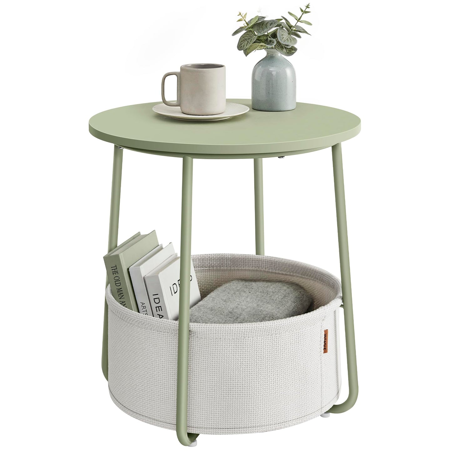 Small Bedside Table with Fabric Basket, Modern Nightstand, Round Side Table