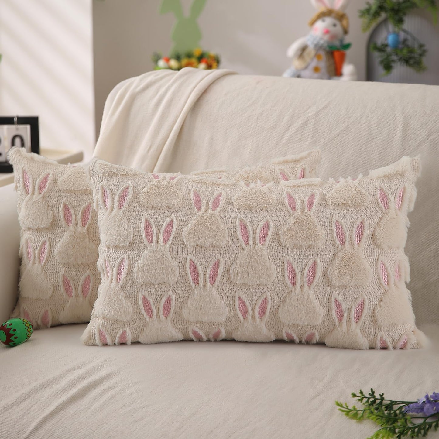 Easter Bunny Pillow Covers | Set of 2 Easter Soft Plush Faux Fur Jacquard Throw Pillows