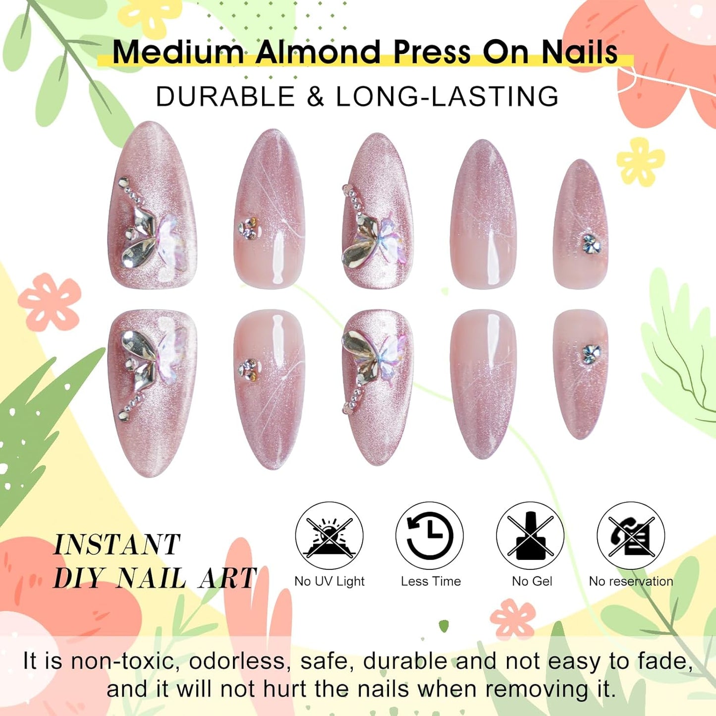 Press on Nails Medium Almond Pink Fake Nails Press ons with Butterfly Rhinestone Designs