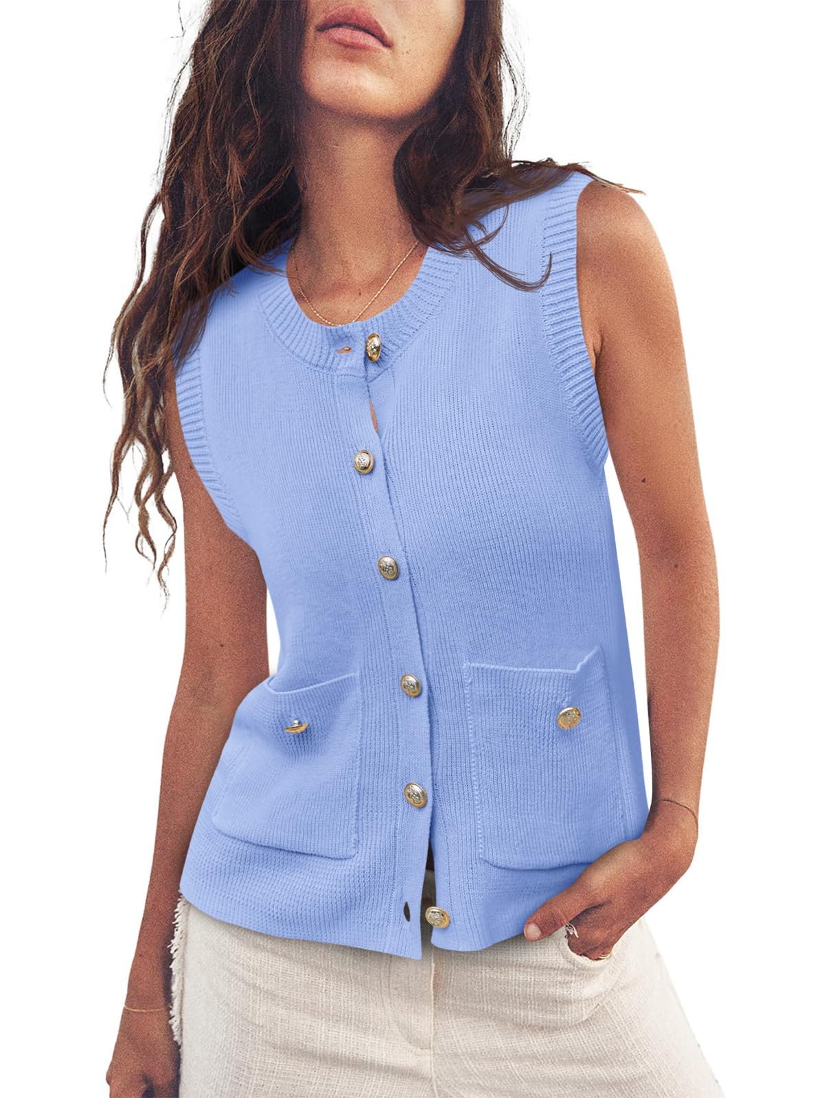 Cropped Sweater Vest Sleeveless Button Ribbed Knit Crew Neck Cardigan Vests Top with Pockets