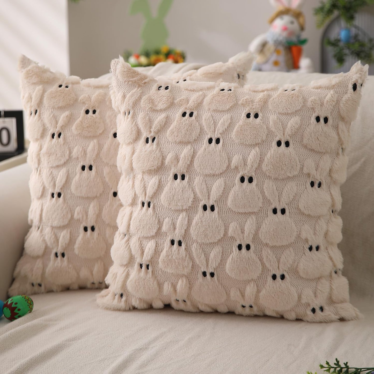 Easter Bunny Pillow Covers | Set of 2 Easter Soft Plush Faux Fur Jacquard Throw Pillows