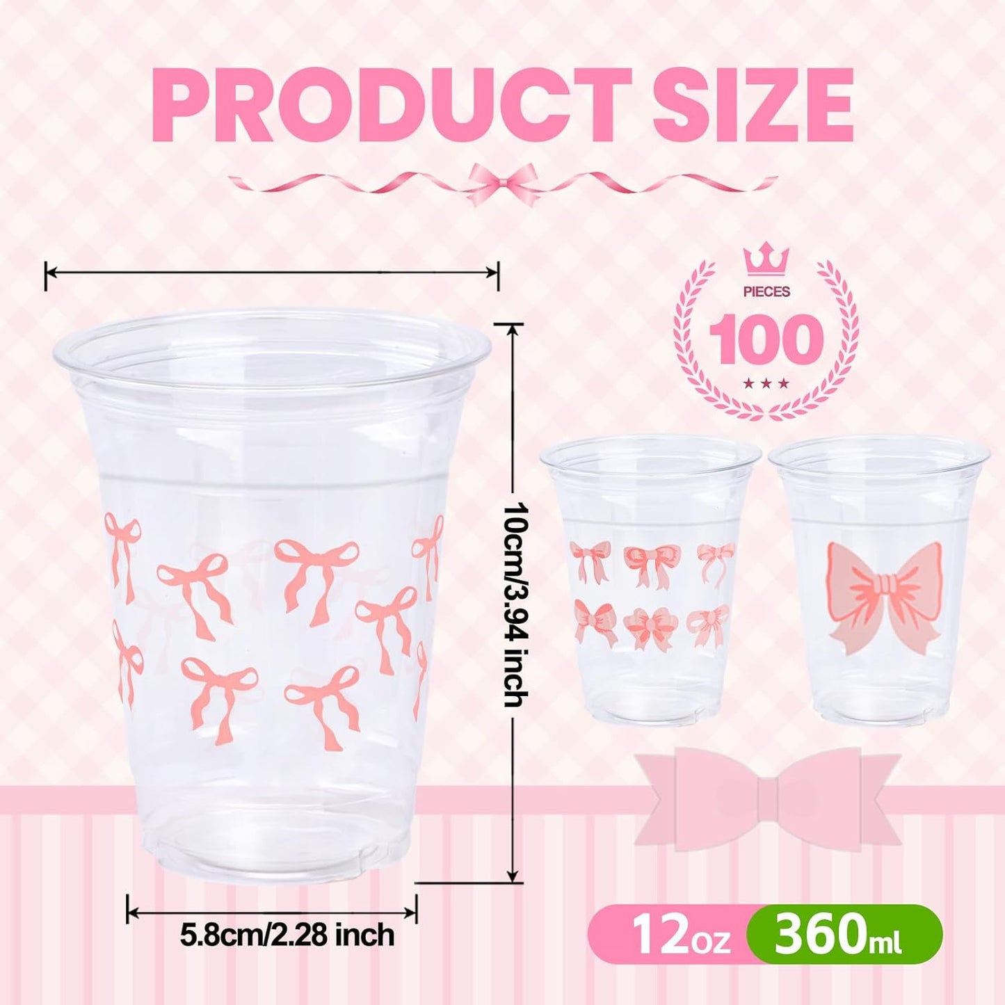 Pink Bow Party Plastic Cups 12 oz Coquette Bow Disposable Drinking Cups