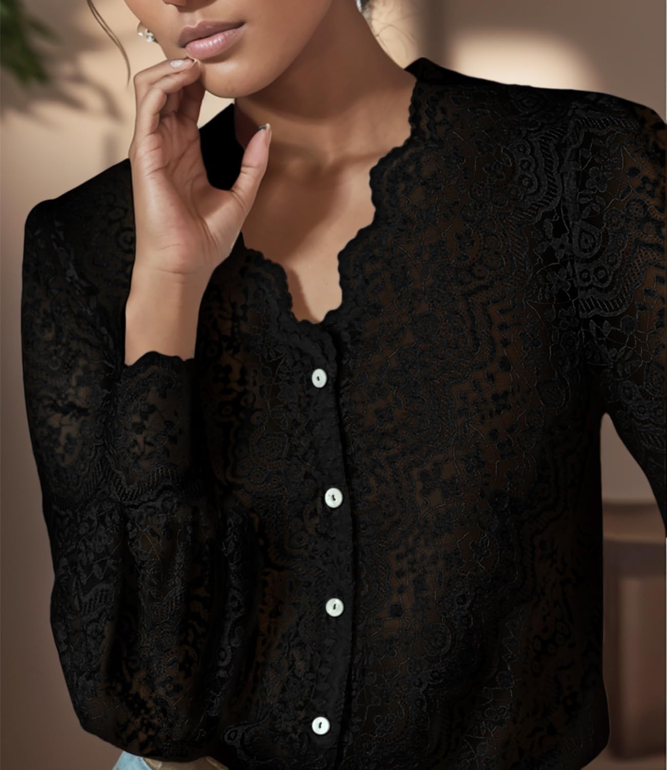 Lace Tops Blouses Puff Long Sleeve V Neck Button Down p