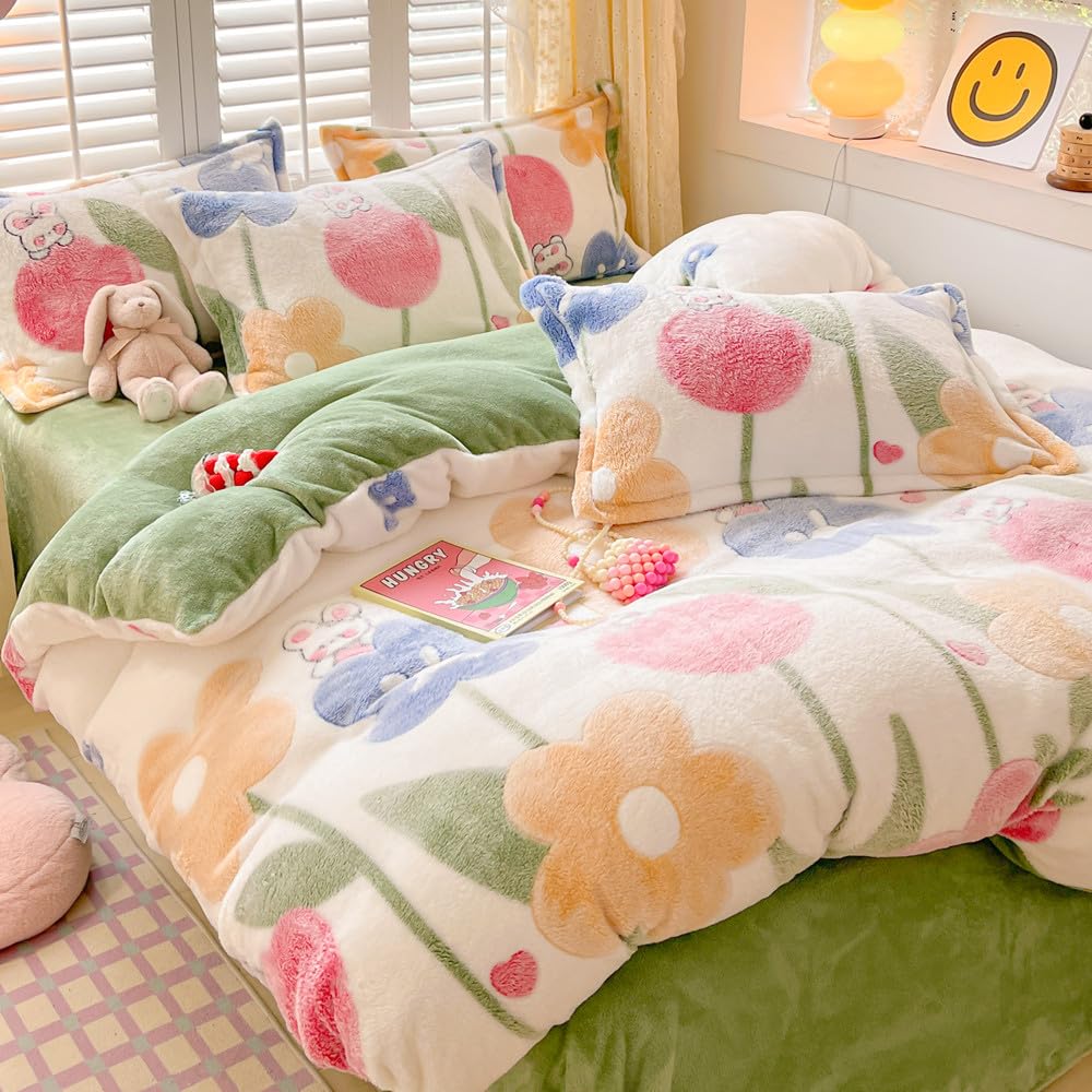 Kawaii Twin Duvet Cover Set – Soft Reversible Bedding with Fluffy Comforter Cover