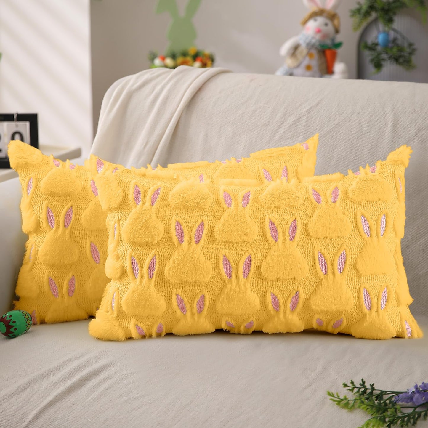 Easter Bunny Pillow Covers | Set of 2 Easter Soft Plush Faux Fur Jacquard Throw Pillows