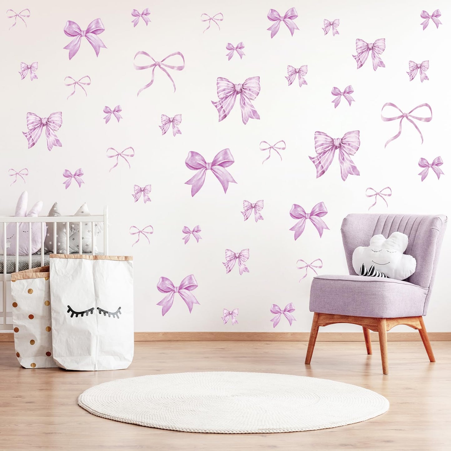 Whaline 12 Sheets Light Purple Bow Wall Stickers Watercolor Bowknot Wall Decals Room Mural Stickers for Coquette Birthday Party Home Nursery Decor, 7.9 x 11.8 Inch