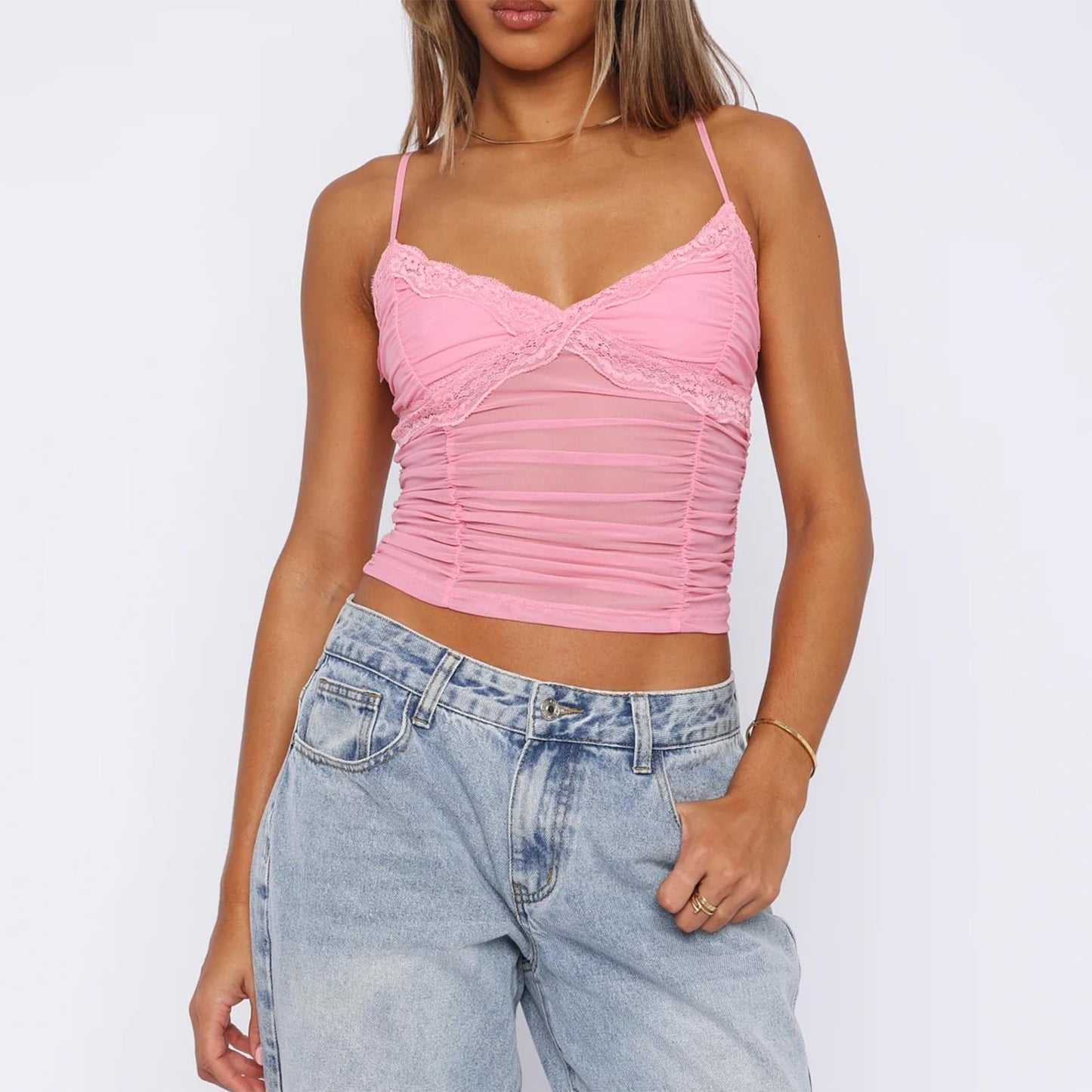 Women Y2K Camisole Spaghetti Strap Lace Trim Square Neck Tank Top