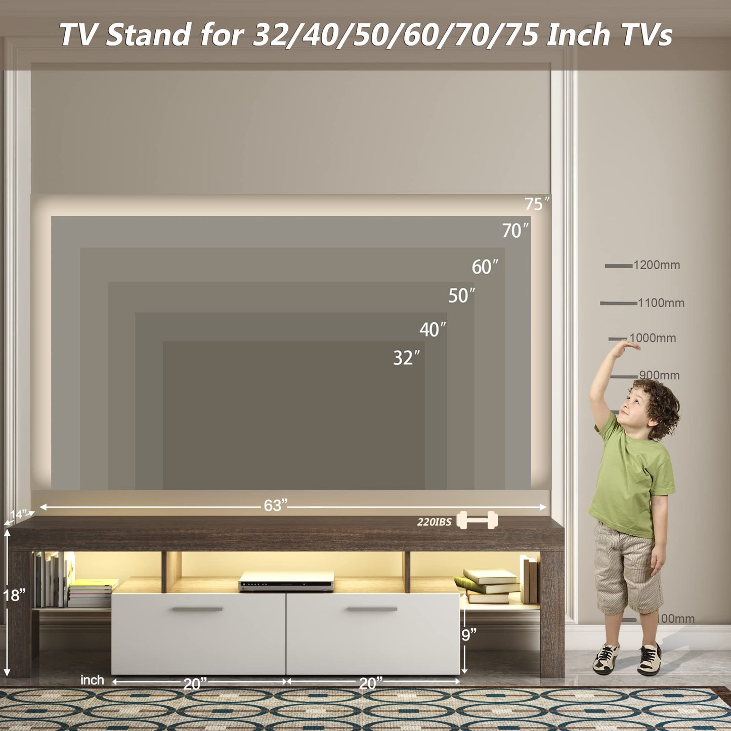 LED TV Stand with Large Storage Drawer -  Modern High Gloss TV Console Table with Entertainment Center