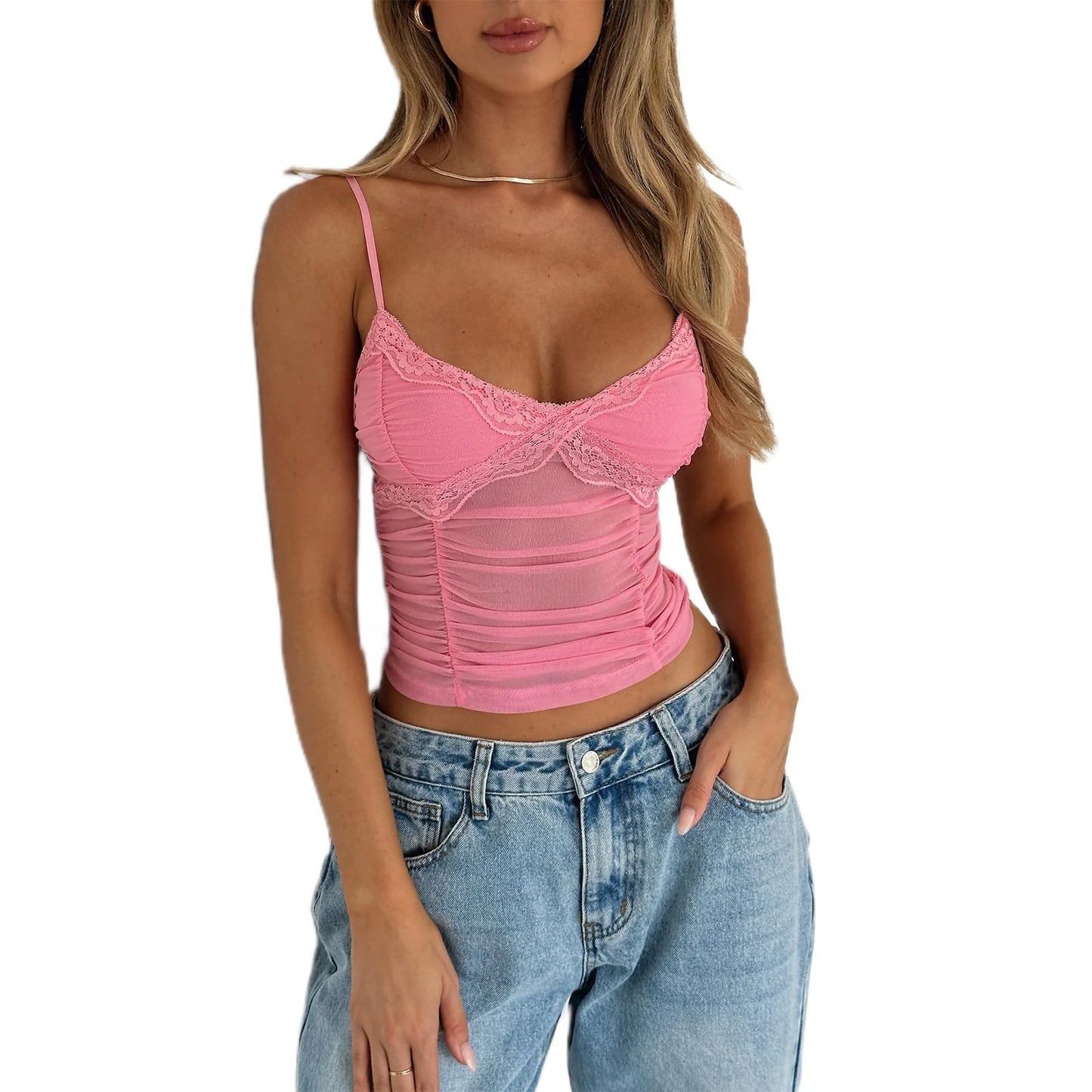 Women Y2K Camisole Spaghetti Strap Lace Trim Square Neck Tank Top