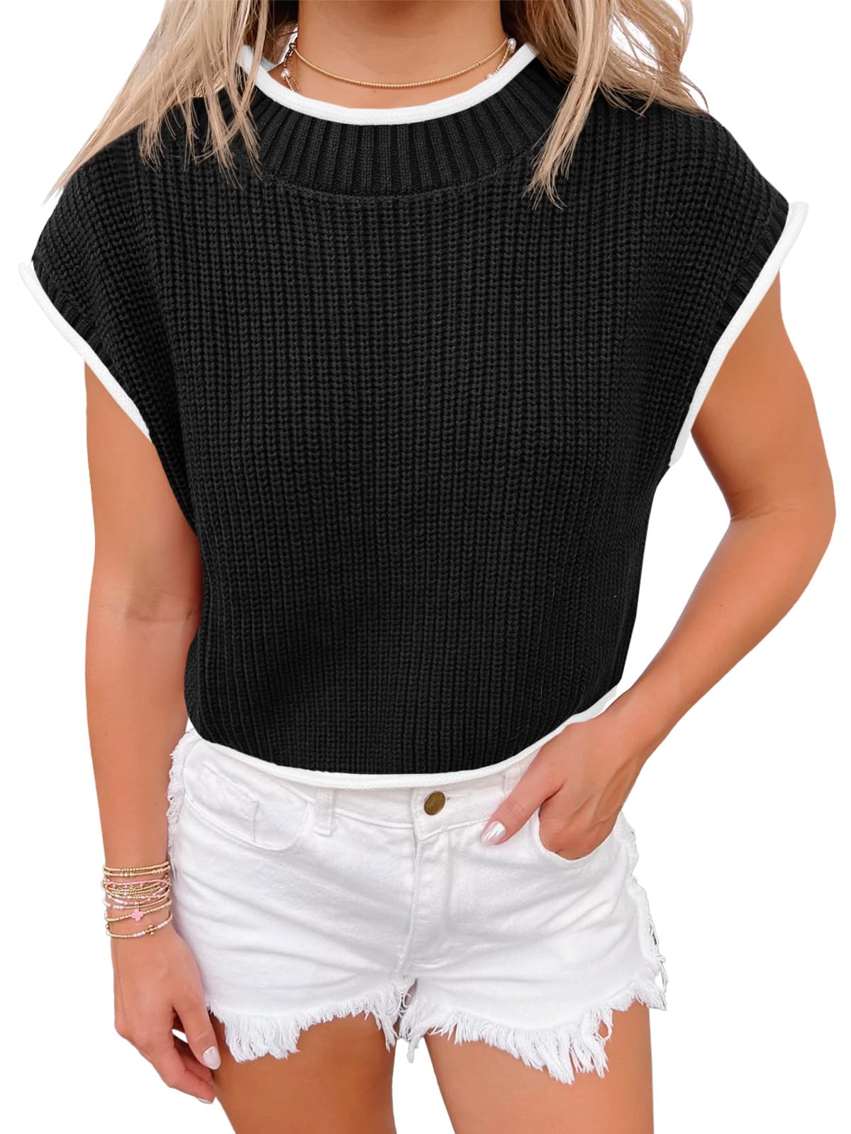 Womens Cap Sleeve Cropped Sweater Tops Crew Neck Color Block Loose Ribbed Knit Sweater Vest