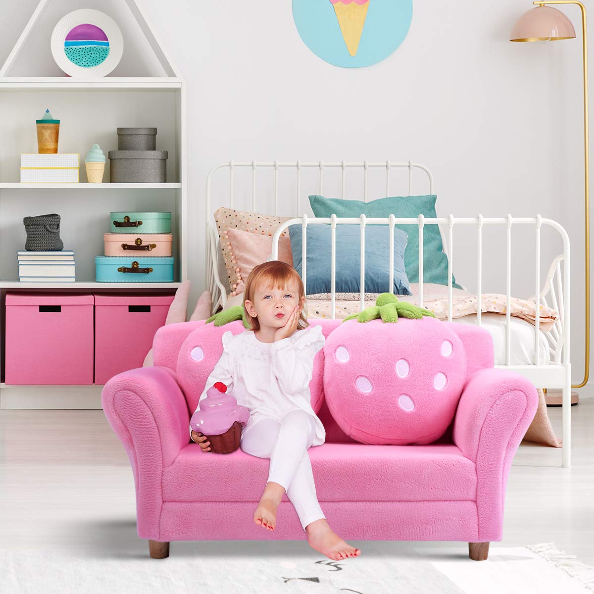 Pink Double Seat Children's Sofa with Strawberry Pillows, Soft Toddler Armchair for Bedroom & Living Room