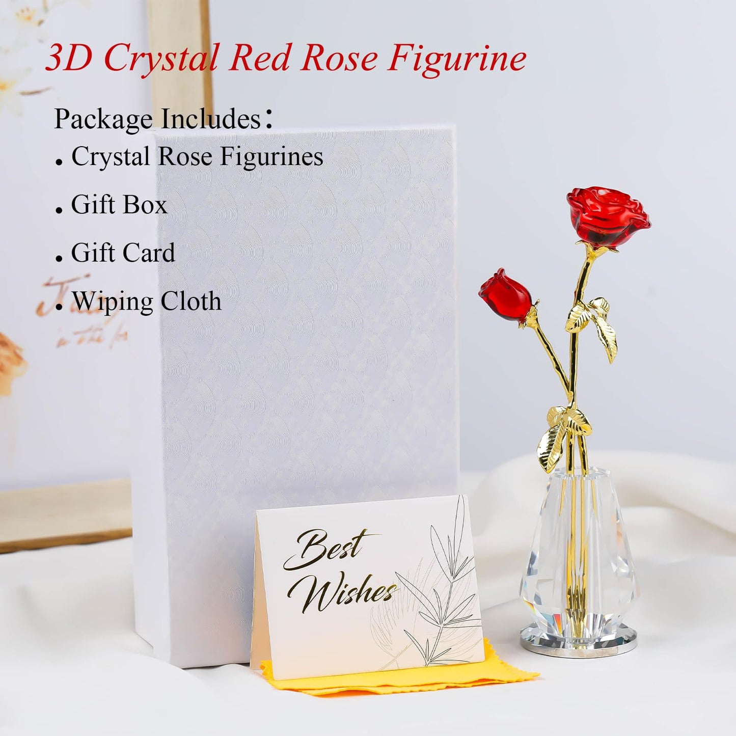 Crystal Rose Flowers Figurines Home Decor, Glass Roses with Stems