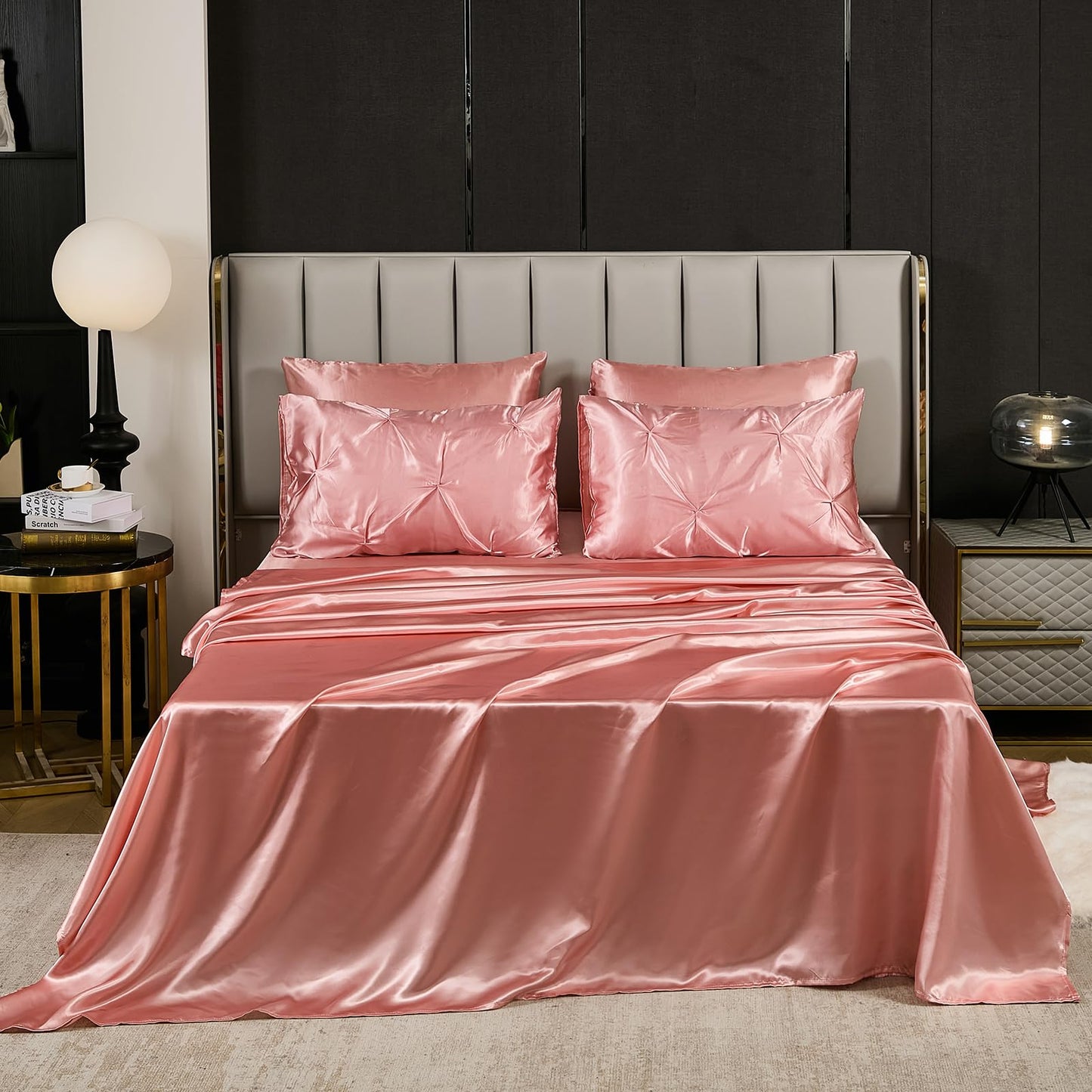 Pinch Pleat Bedding Set - Pin-tuck Luxury Bed Comforter Set 10 Pcs, Soft Silky Down Comforter Bed Set Satin with Sheets