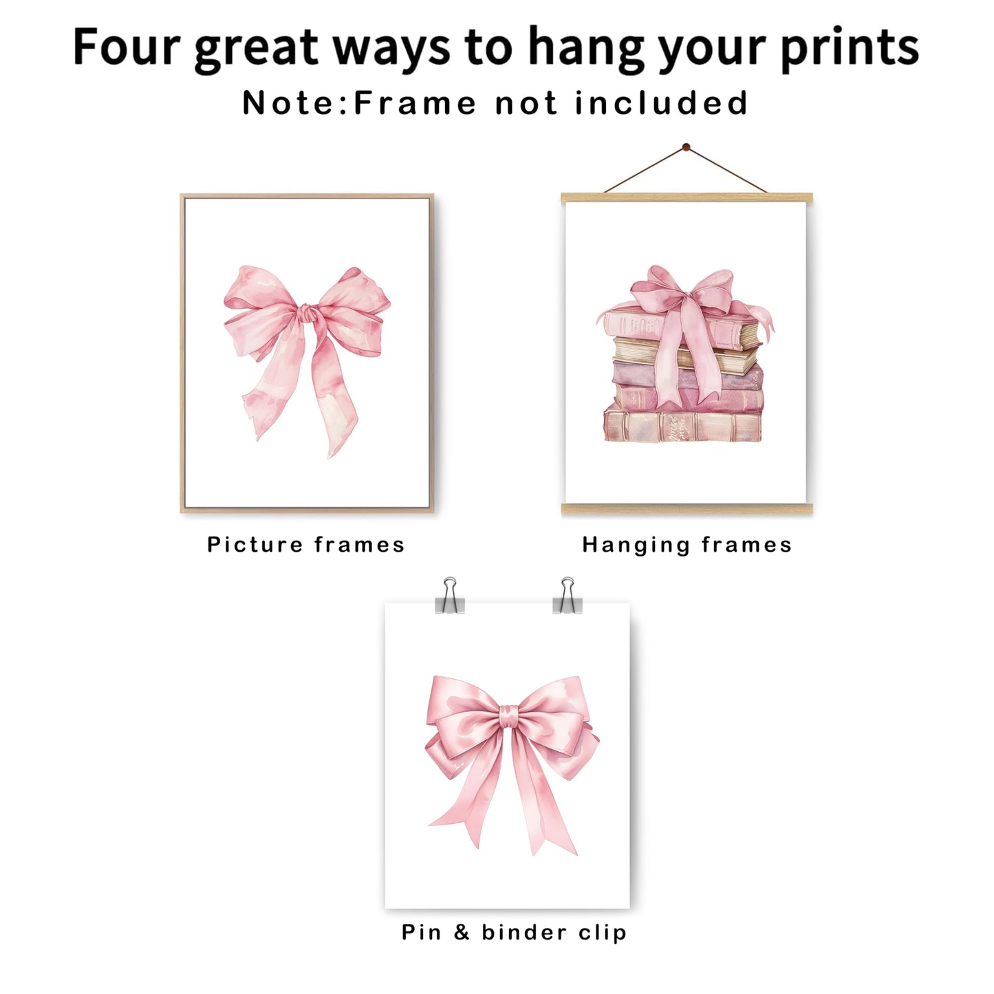 Coquette Pink Bow Girly Books Wall Art Prints Set of 3, 8x10 Unframed