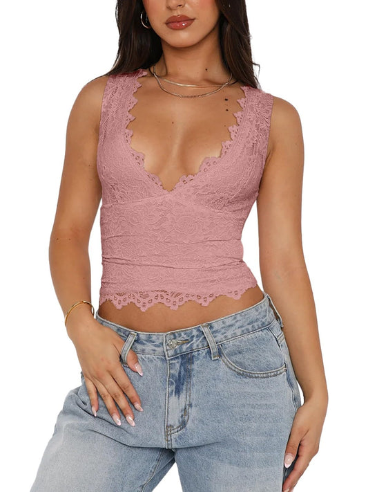 Women’s Sexy V-Neck Sleeveless Lace Cropped Tank Top – Y2K Trendy Double-Lined