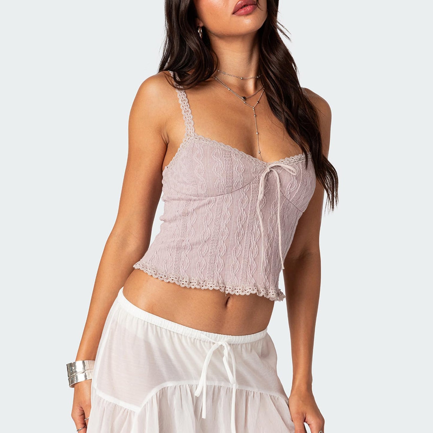 Women Y2k Lace Trim Crop Tank Top Spaghetti Strap