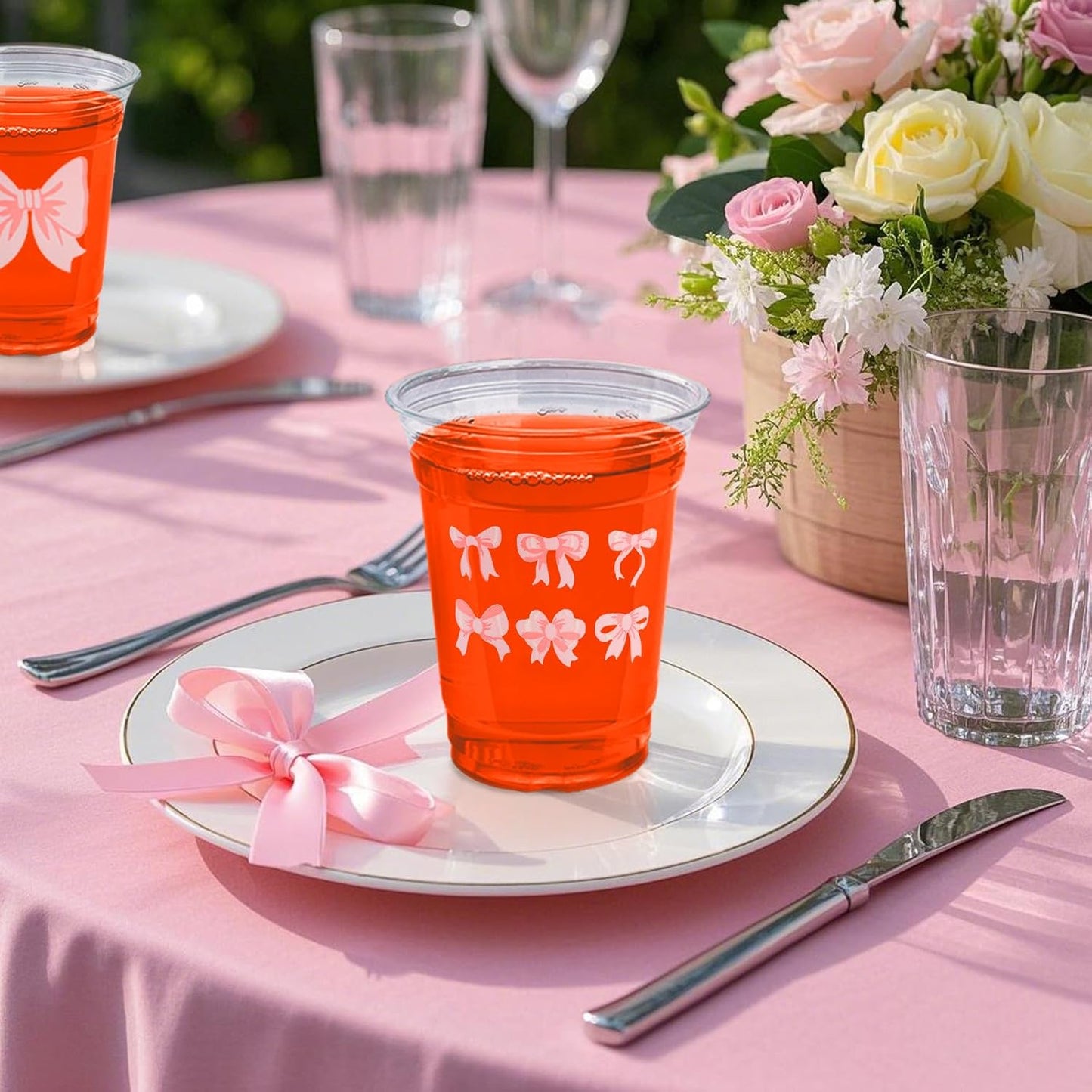 Pink Bow Party Plastic Cups 12 oz Coquette Bow Disposable Drinking Cups